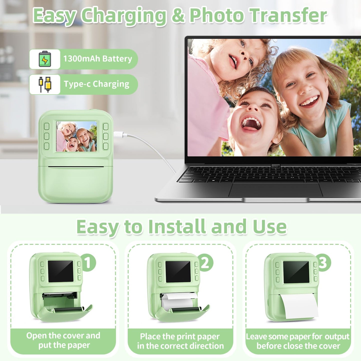 MINIBEAR Instant Print Camera for Kids Camera for Girls 48MP Kids Digital Camera, Toddler Selfie Video Camera Children Camera Christmas Birthday Gifts Toys for 3 4 5 6 7 8 9 10 Year Old Girls, Pink