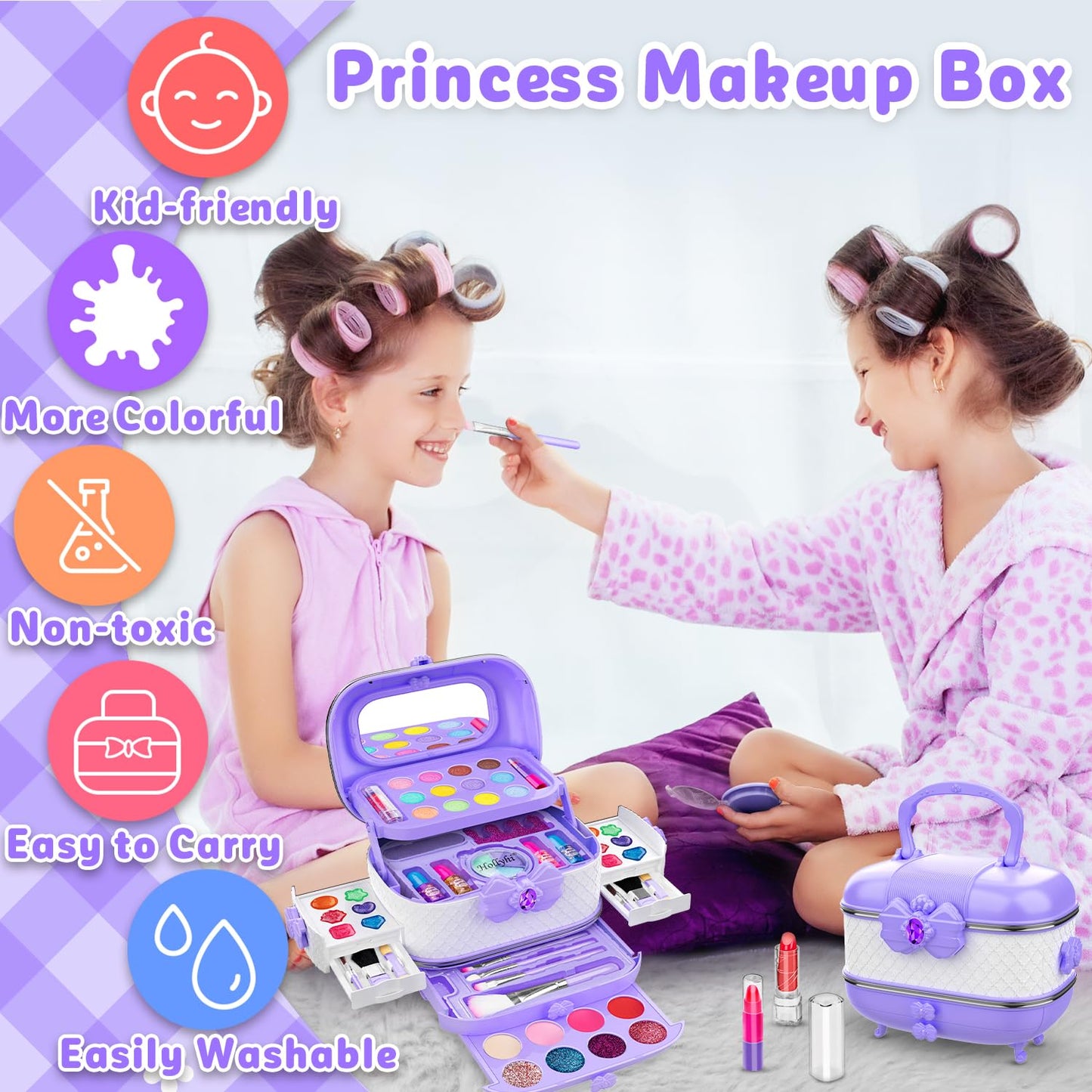 Hollyhi 58 Pcs Kids Makeup Kit for Girl, Princess Toys Real Washable Cosmetic Set with Mirror, Kids Makeup Sets for Girls, Play Make Up Birthday Gifts for 3 4 5 6 7 8 9 10 11 12 Years Old Kid (Rose)