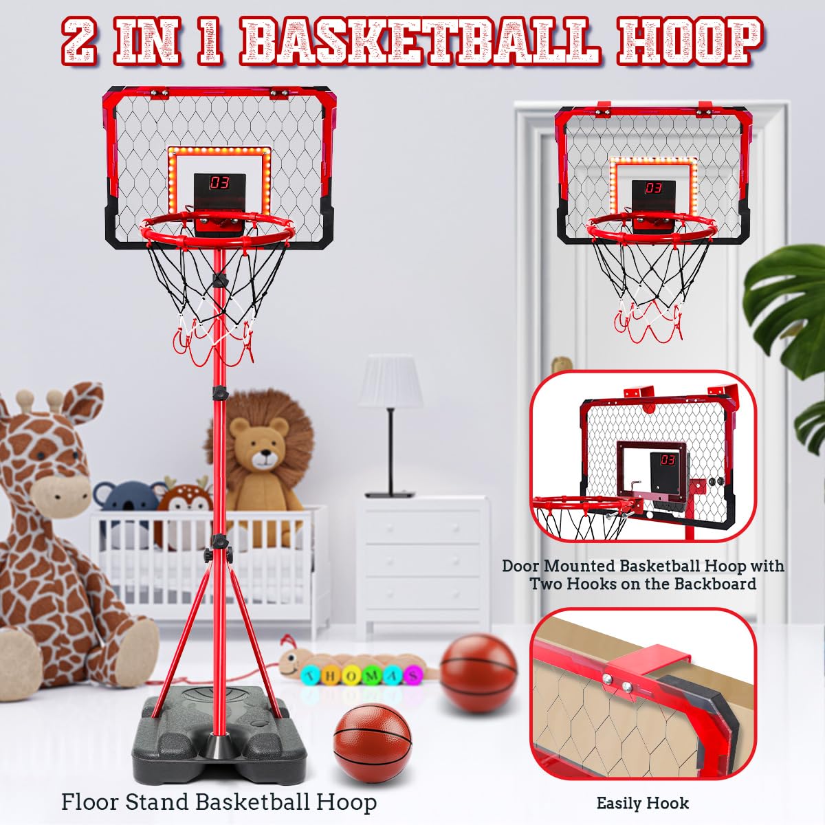 Meland Kids Basketball Hoop, Adjustable Height 3.4ft-6.2ft Toddler Basketball Hoop for Kids Basketball Goal Indoor Outdoor Toys Outside Toys for Boys 3-8
