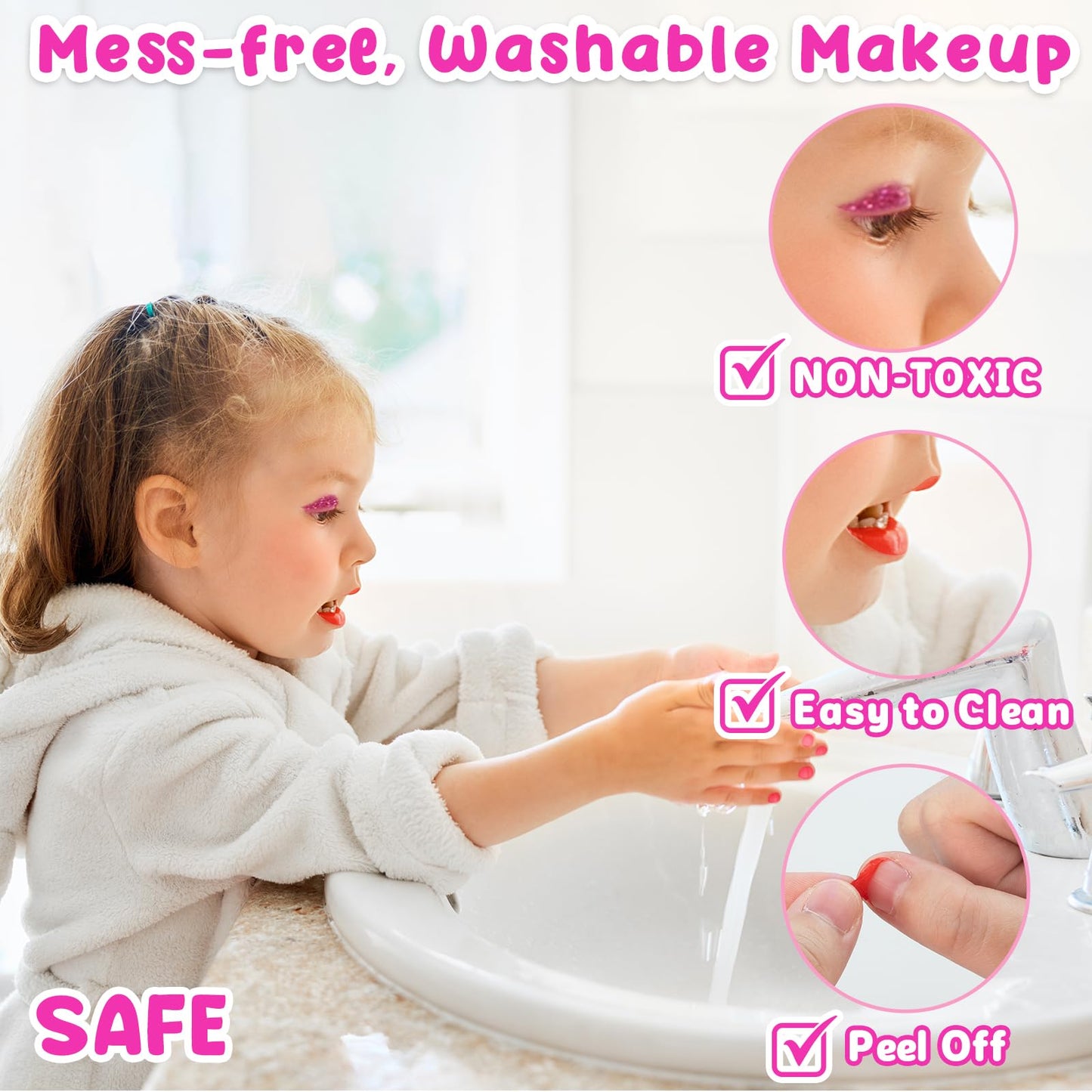 Hollyhi 58 Pcs Kids Makeup Kit for Girl, Princess Toys Real Washable Cosmetic Set with Mirror, Kids Makeup Sets for Girls, Play Make Up Birthday Gifts for 3 4 5 6 7 8 9 10 11 12 Years Old Kid (Rose)