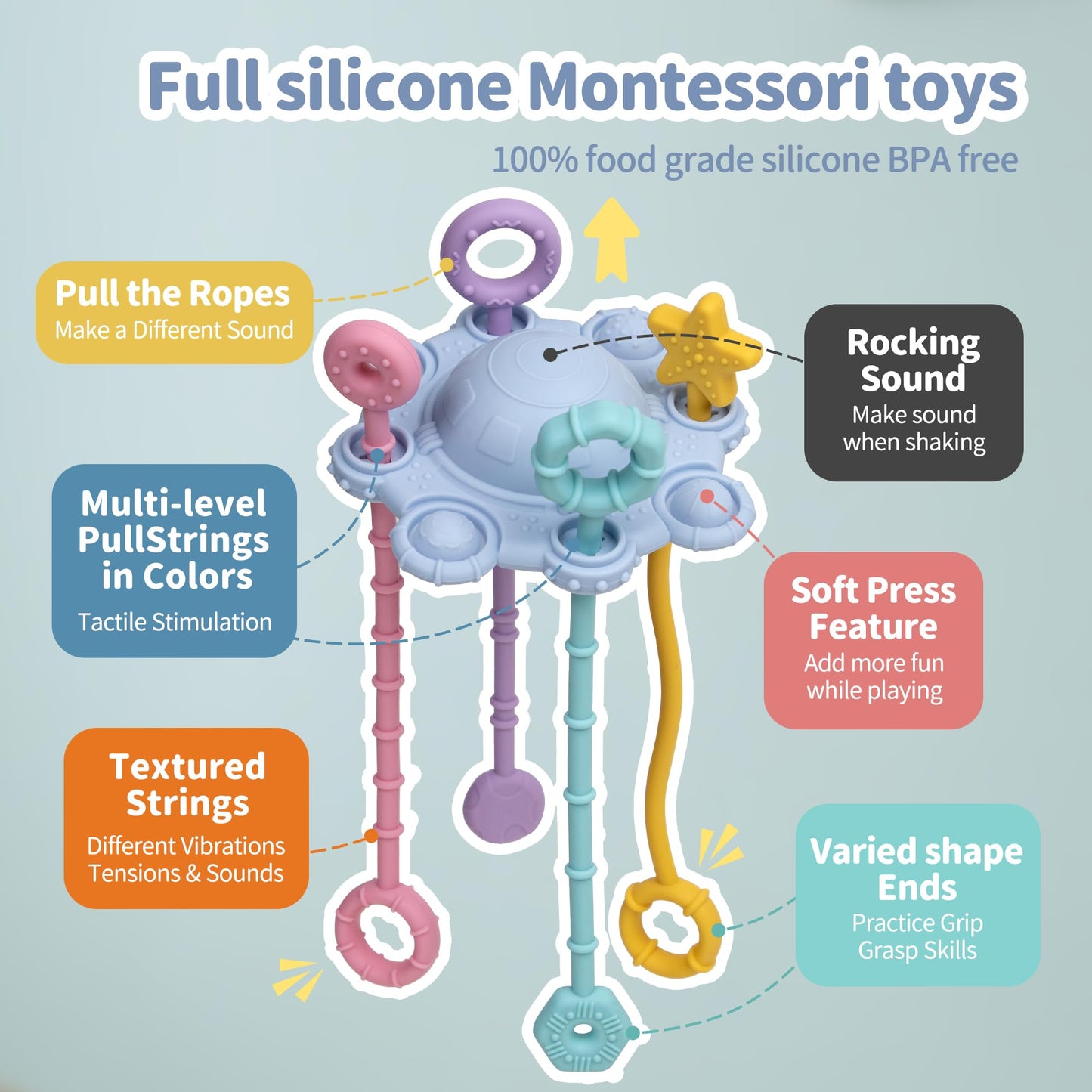 Montesorri-Toys - Pull String Toys for Baby - Made of 100% Food Grade Silicone with Built-in Rattle Function and Easy to Clean Design (Blue)