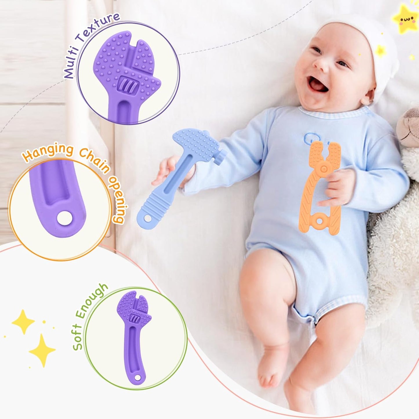 Hooku 4 Pack Silicone Teething Toys for Babies 3-6 Months, Teethers for Babies 6-12 Months, Hammer Spanner Wrench Pliers Tools Shape Sensory Chew Toys