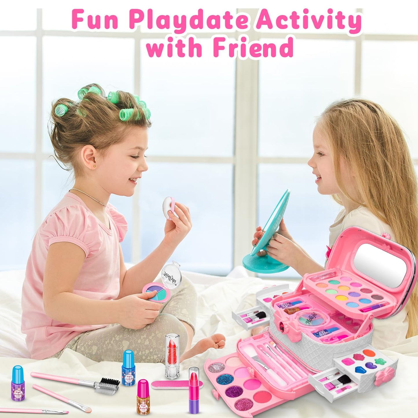 Hollyhi 58 Pcs Kids Makeup Kit for Girl, Princess Toys Real Washable Cosmetic Set with Mirror, Kids Makeup Sets for Girls, Play Make Up Birthday Gifts for 3 4 5 6 7 8 9 10 11 12 Years Old Kid (Rose)