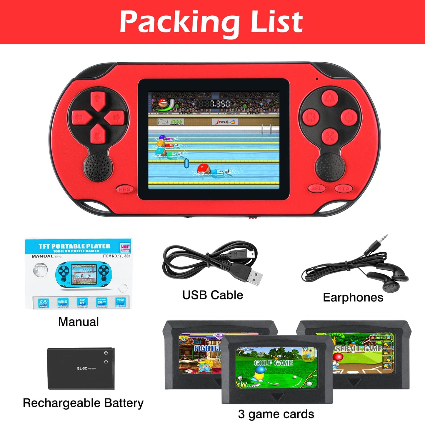 16 Bit Handheld Game for Kids Adults, 3.0'' Large Screen Preloaded 230 HD Classic Retro Video Games with USB Rechargeable Battery & 3 Game Cartridges for Birthday Gift for Kids 4-12 (Blue)