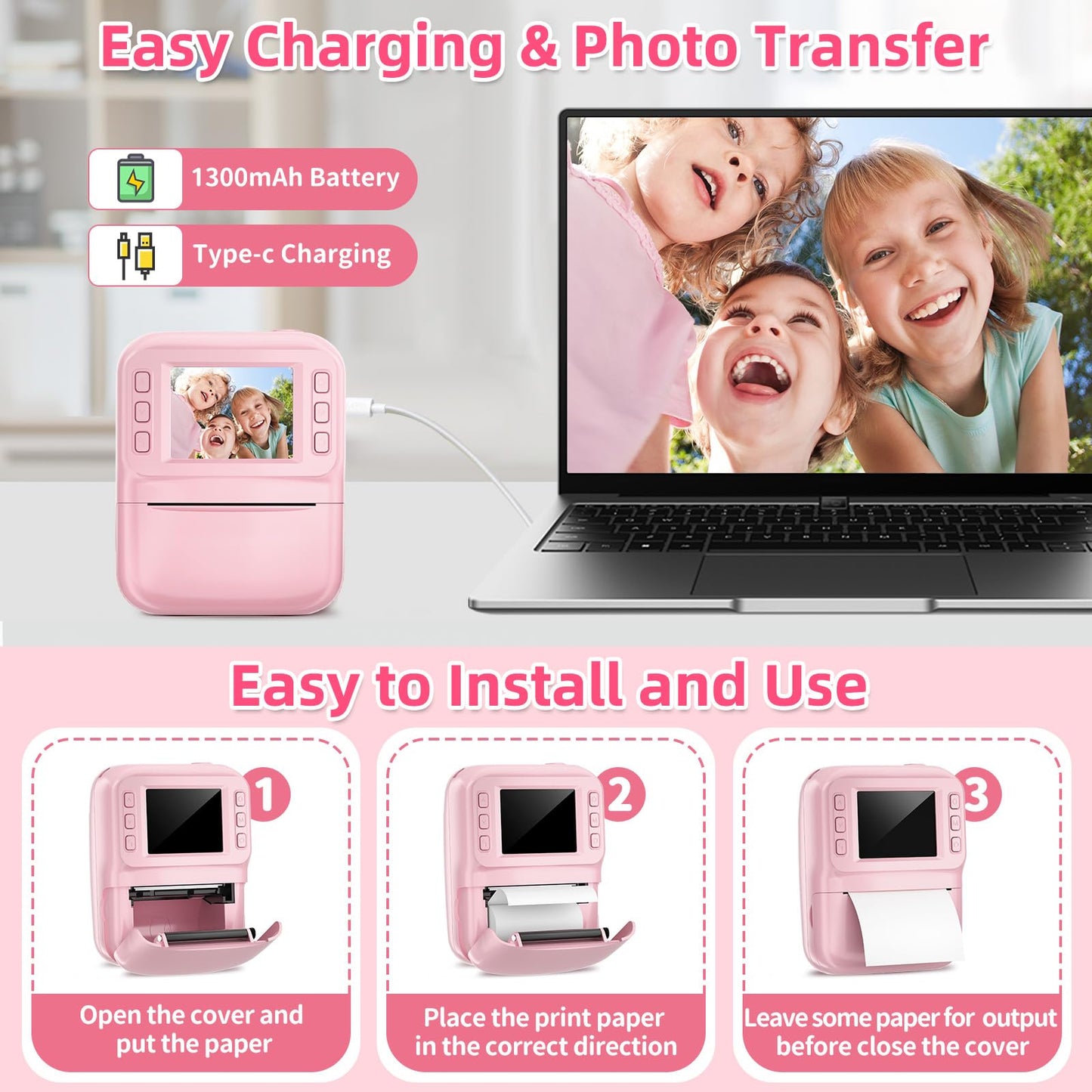 MINIBEAR Instant Print Camera for Kids Camera for Girls 48MP Kids Digital Camera, Toddler Selfie Video Camera Children Camera Christmas Birthday Gifts Toys for 3 4 5 6 7 8 9 10 Year Old Girls, Pink