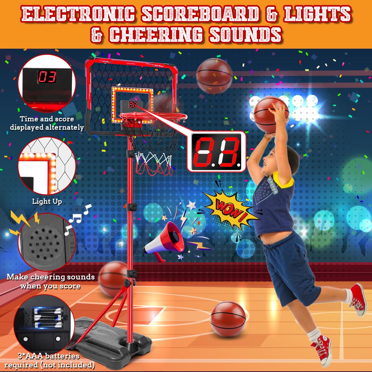 Meland Kids Basketball Hoop, Adjustable Height 3.4ft-6.2ft Toddler Basketball Hoop for Kids Basketball Goal Indoor Outdoor Toys Outside Toys for Boys 3-8