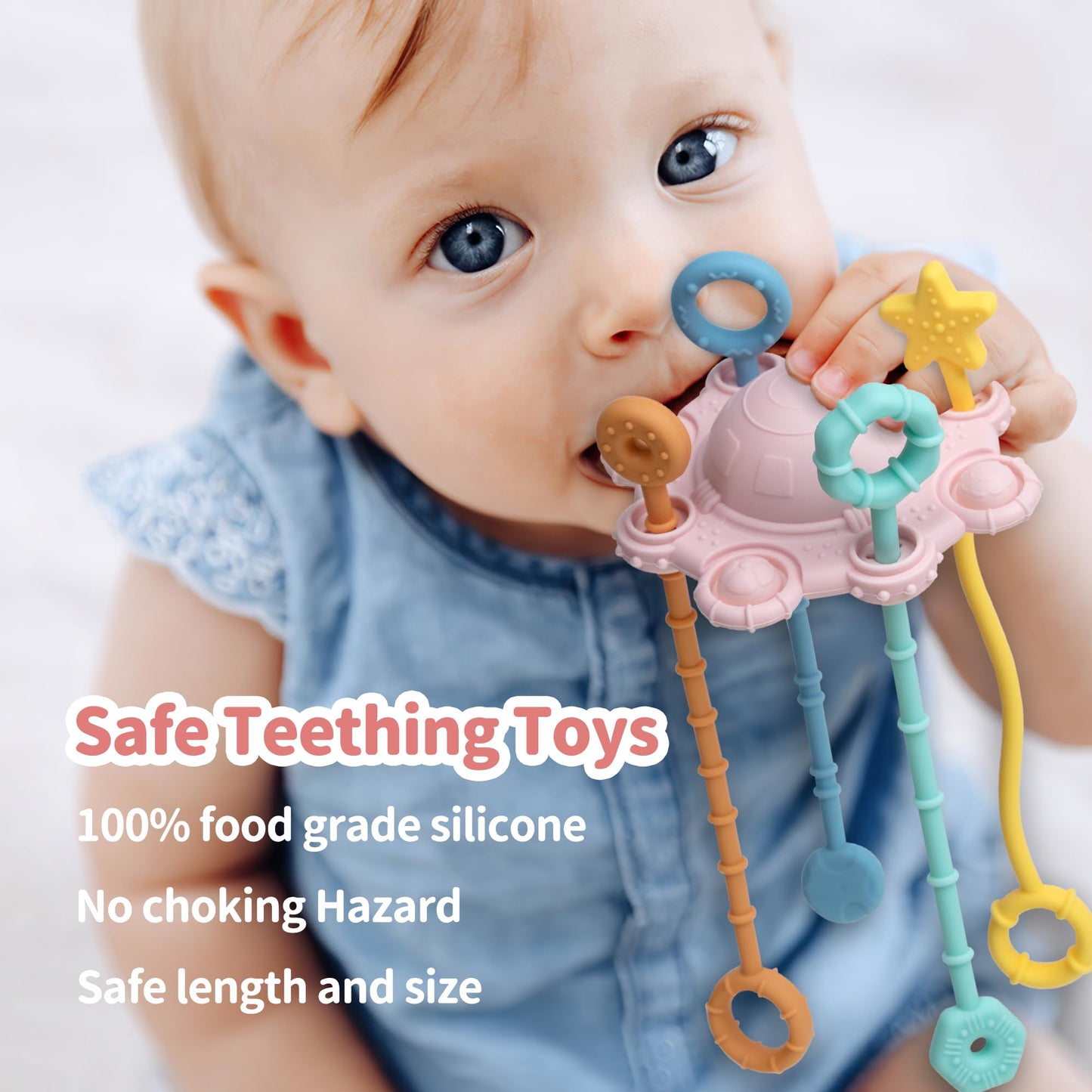 Montesorri-Toys - Pull String Toys for Baby - Made of 100% Food Grade Silicone with Built-in Rattle Function and Easy to Clean Design (Blue)