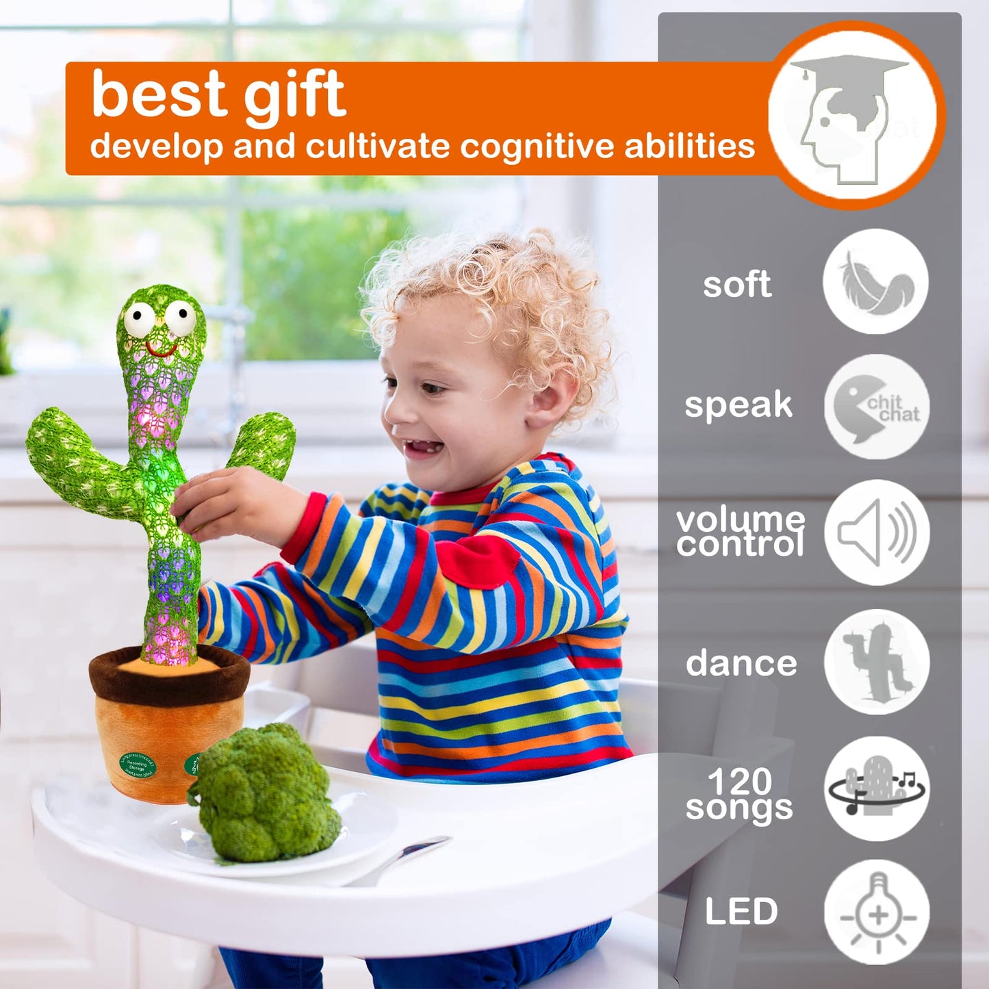 Pbooo Dancing Talking Cactus Mimicking Toy,Talking Repeat Singing Sunny Cactus Toy 120 Pcs Songs for Baby 15S Record Your Sound Sing+Dancing+Recording+LED