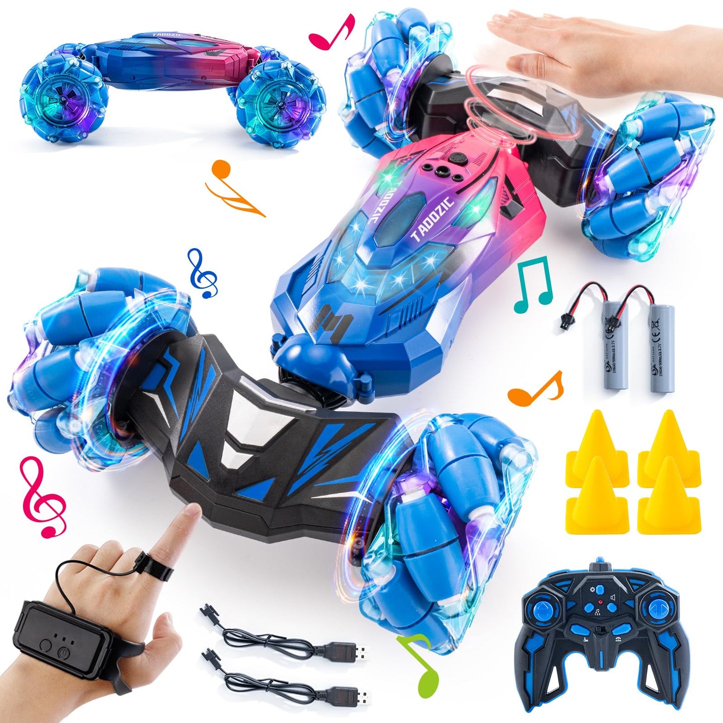 4WD Remote Control Gesture Sensor Car,Hand Controlled RC Stunt Car,Double-Sided Vehicle 360° Rotation with Light and Music Spray, Watch Toy Cars for Boys & Girls Birthday