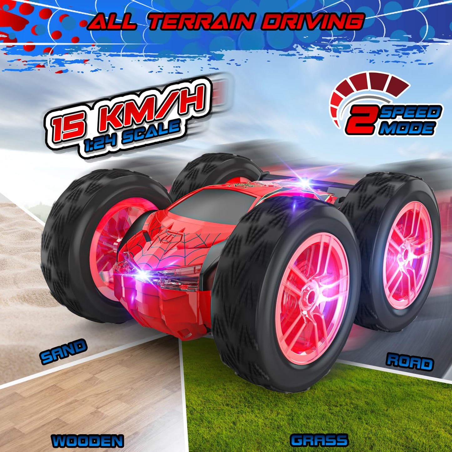 Remote Control Car for Kids, RC Stunt Cars Toys for Boys Ages 4-7 with Cool Double-Sided Pattern and LED Flash, 1:24 Vehicle Toy Car Hobby Racing Car Toys Gift for 3 4 5 6 7 8 9 Year Old Boys