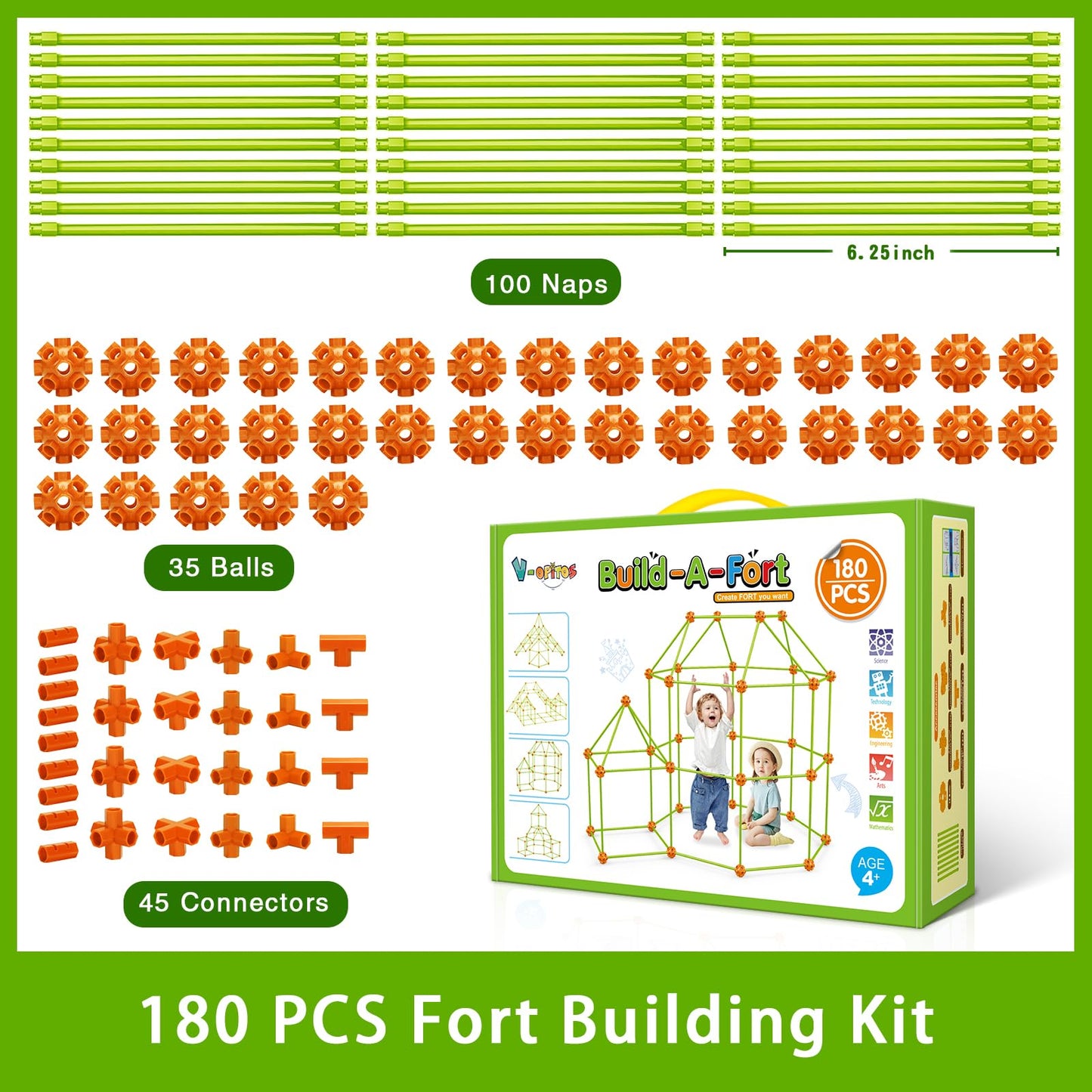 V-Opitos 180 Pack Fort Building Kits for Kids Age 4, 5, 6, 7, 8+ Years Old, Creative STEM Building Toys for DIY Castles, Tunnels, Play Tent, Ideal Christmas, Birthday Gifts for Boys & Girls