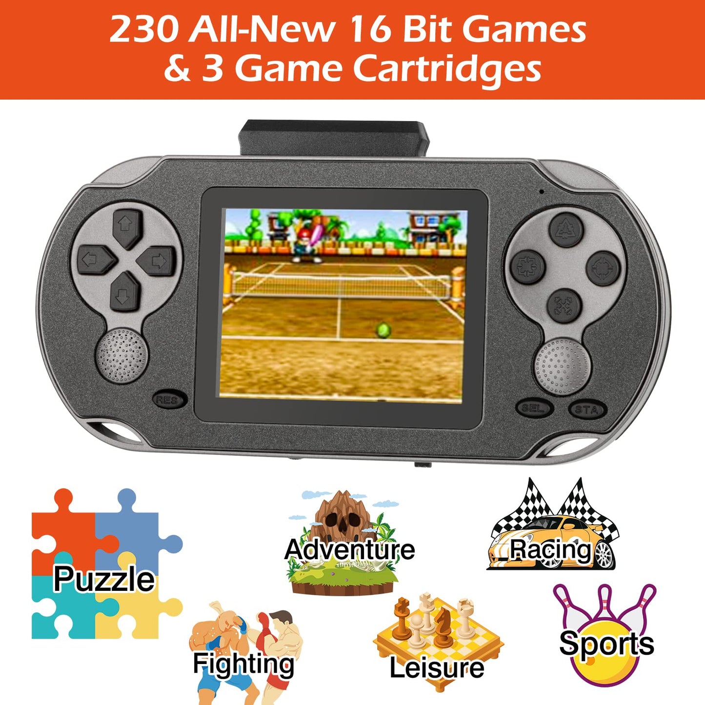16 Bit Handheld Game for Kids Adults, 3.0'' Large Screen Preloaded 230 HD Classic Retro Video Games with USB Rechargeable Battery & 3 Game Cartridges for Birthday Gift for Kids 4-12 (Blue)
