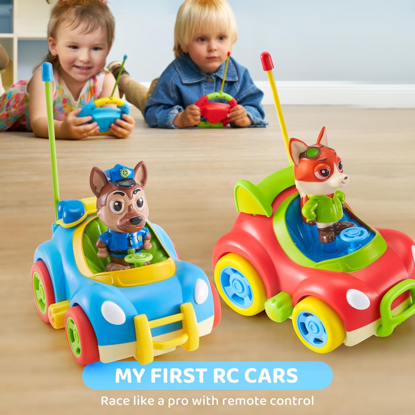 Remote Control Car for Toddlers, 2 Pack RC Cars with Figure Bump & Ejection Play, Kids Cartoon Toys with LED Lights, Music, Volume Control, Christmas Birthday Gift for Boys & Girls