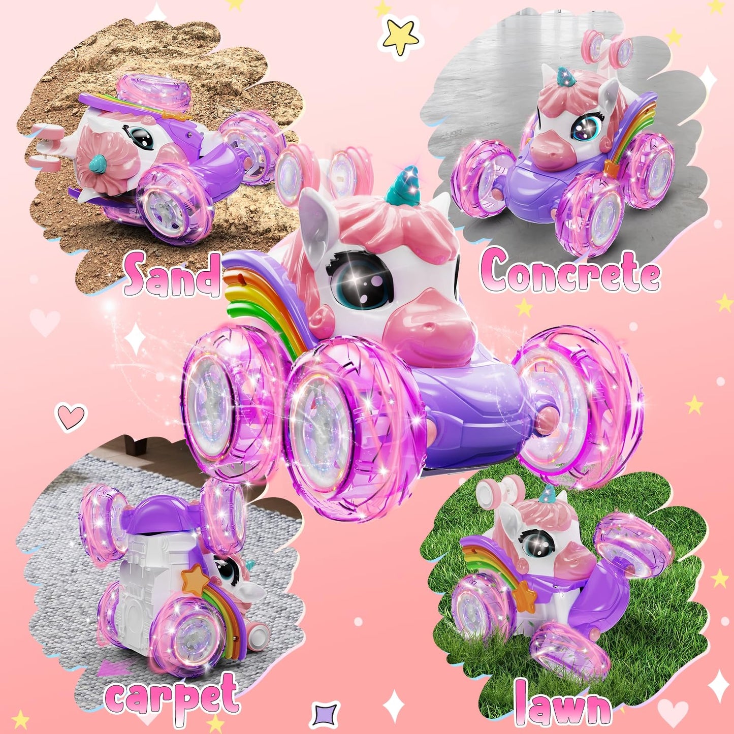 Unicorn Remote Control Car for Girls, 360° Rotating 4WD Stunt RC Cars with Cute Lights, Rechargeable Car Toys Birthday Gifts for Kids Girl Age 3 4-6 6-8