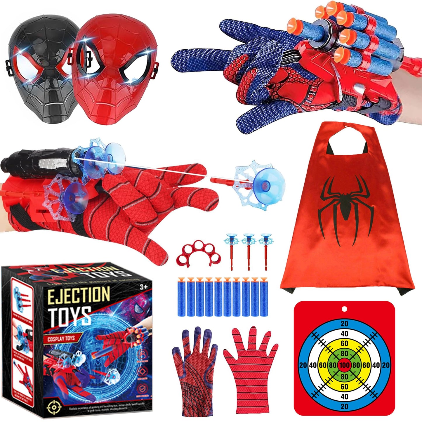 Superhero Costume Spider Web String Launcher Slinging Toy Set, Includes 2 Web Shooters, 2 Gloves, 2 Hero Masks, 1 Dart Board and 1 Cape, Ideal for Kids Indoor Outdoor Imaginative Role-Playing