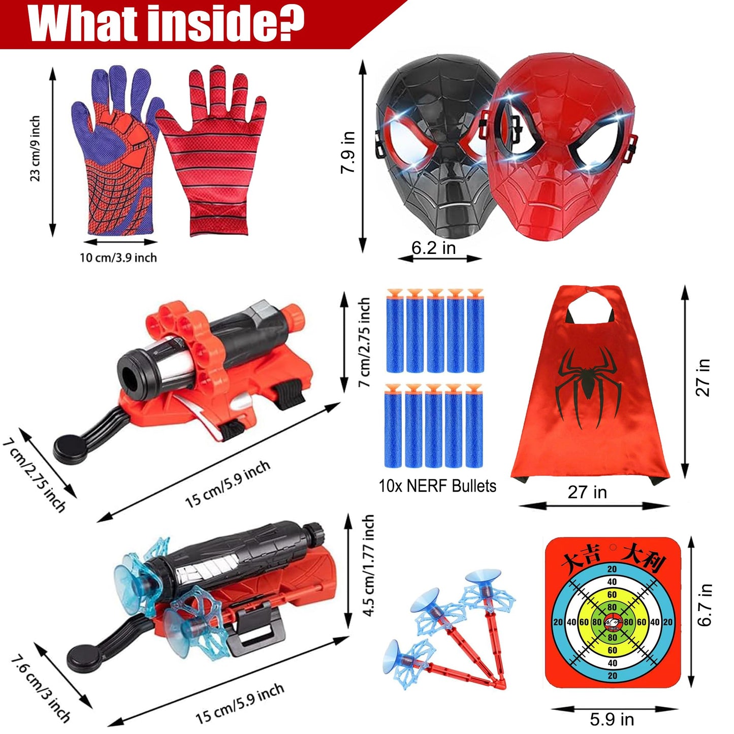 Superhero Costume Spider Web String Launcher Slinging Toy Set, Includes 2 Web Shooters, 2 Gloves, 2 Hero Masks, 1 Dart Board and 1 Cape, Ideal for Kids Indoor Outdoor Imaginative Role-Playing