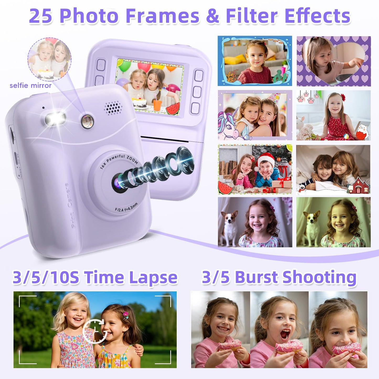 MINIBEAR Instant Print Camera for Kids Camera for Girls 48MP Kids Digital Camera, Toddler Selfie Video Camera Children Camera Christmas Birthday Gifts Toys for 3 4 5 6 7 8 9 10 Year Old Girls, Pink