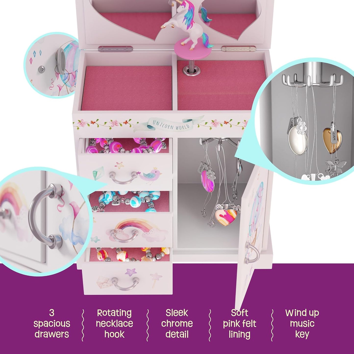 Unicorn Musical Jewelry Box for Kids - Gifts for Girls, Ages 3-8, Best Princess Room Toys Gift for Age 3, 4, 5, 6, 7, 8 Year Old Little Girl - Birthday Present Toy Ideas Music