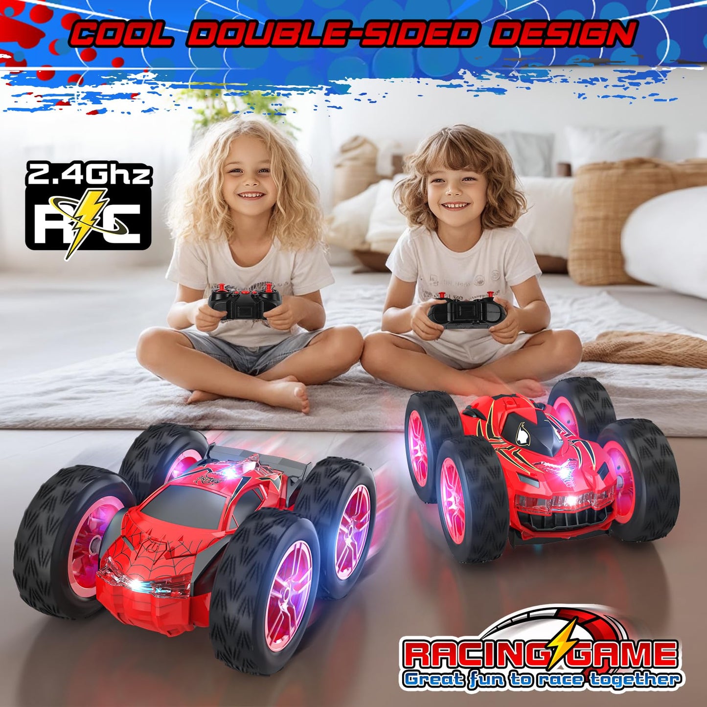Remote Control Car for Kids, RC Stunt Cars Toys for Boys Ages 4-7 with Cool Double-Sided Pattern and LED Flash, 1:24 Vehicle Toy Car Hobby Racing Car Toys Gift for 3 4 5 6 7 8 9 Year Old Boys