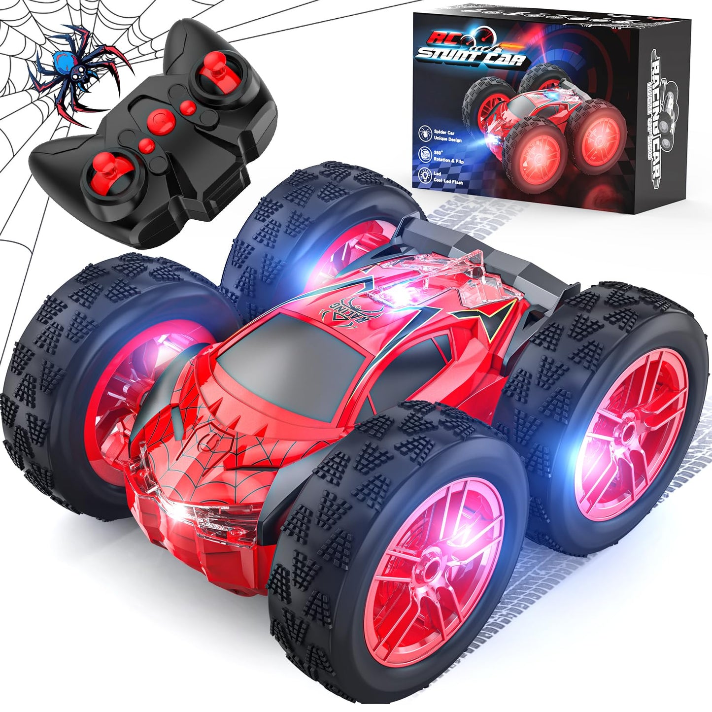 Remote Control Car for Kids, RC Stunt Cars Toys for Boys Ages 4-7 with Cool Double-Sided Pattern and LED Flash, 1:24 Vehicle Toy Car Hobby Racing Car Toys Gift for 3 4 5 6 7 8 9 Year Old Boys