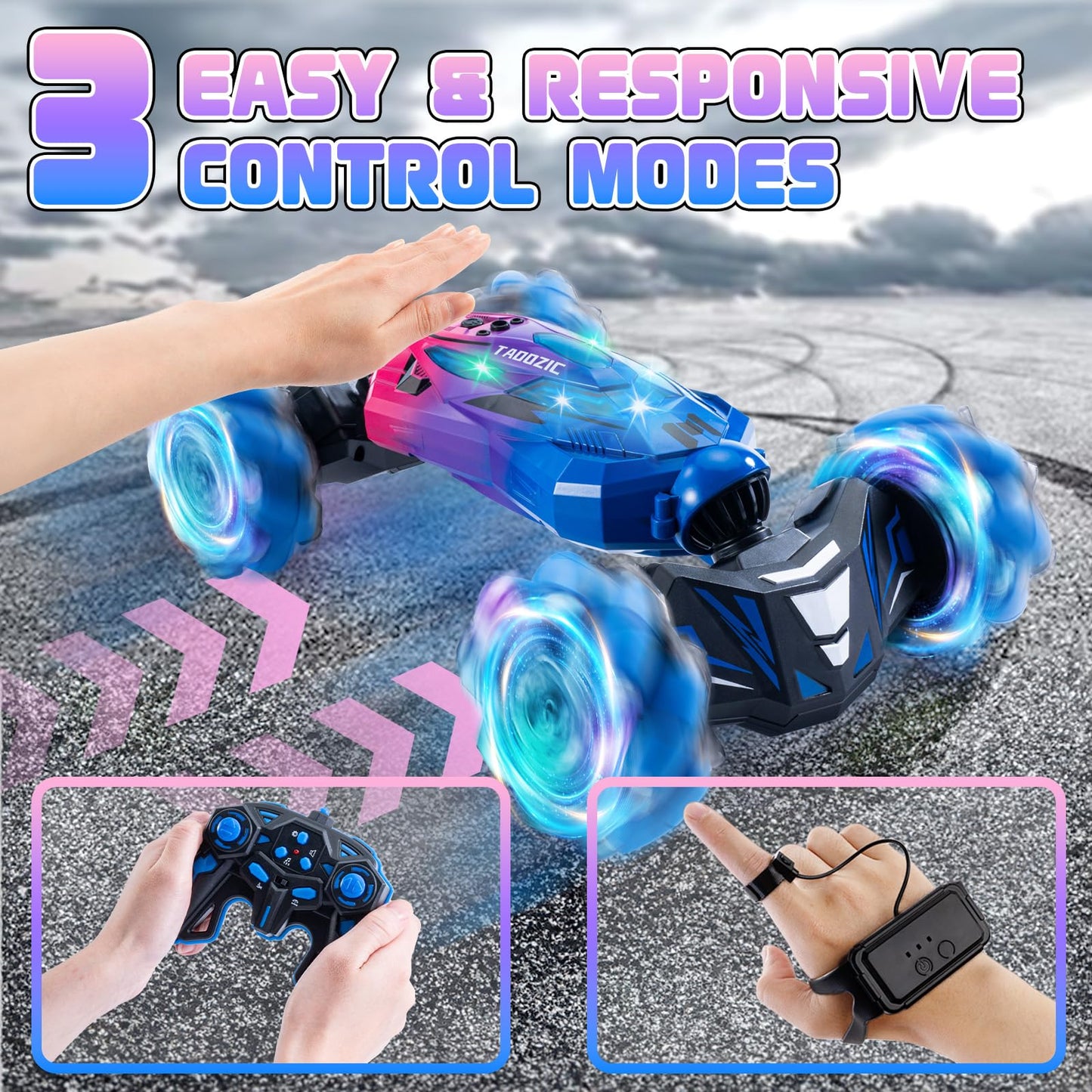 4WD Remote Control Gesture Sensor Car,Hand Controlled RC Stunt Car,Double-Sided Vehicle 360° Rotation with Light and Music Spray, Watch Toy Cars for Boys & Girls Birthday