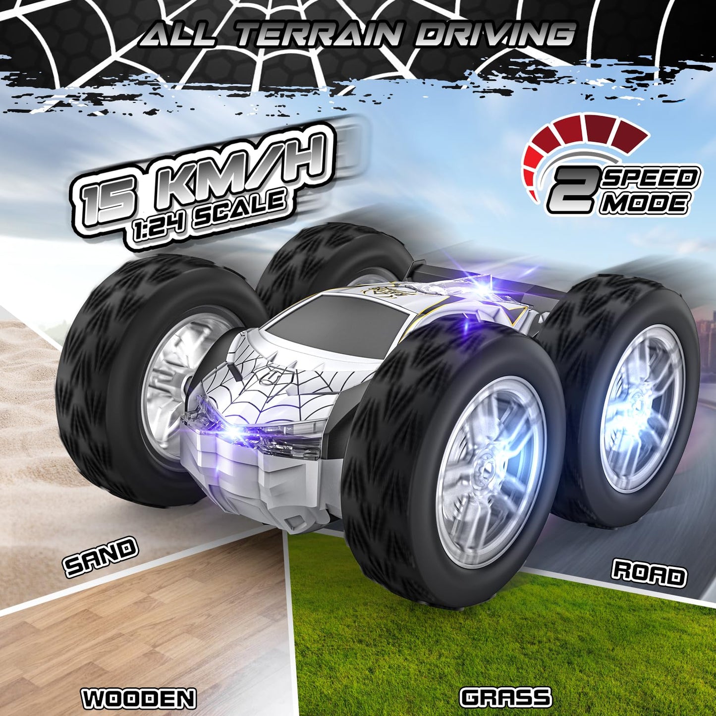 Remote Control Car for Kids, RC Stunt Cars Toys for Boys Ages 4-7 with Cool Double-Sided Pattern and LED Flash, 1:24 Vehicle Toy Car Hobby Racing Car Toys Gift for 3 4 5 6 7 8 9 Year Old Boys