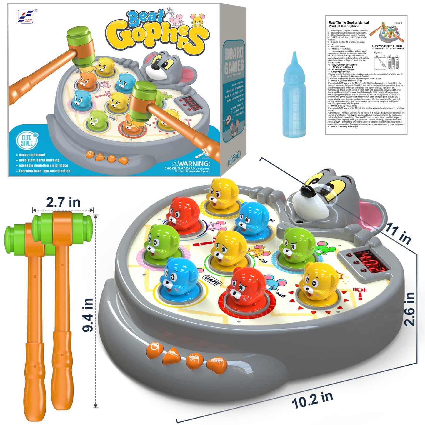 HopeRock Toys for 2 3 4 5 Year Old Boy,Toddler Toys Age 2-4, Whack A Frog Game,with 5 Modes,45 Levels,9 Music Spray and Light-up, Baby Toy Gifts for Early Learning, Birthday Gift for Toddler Boy Toys