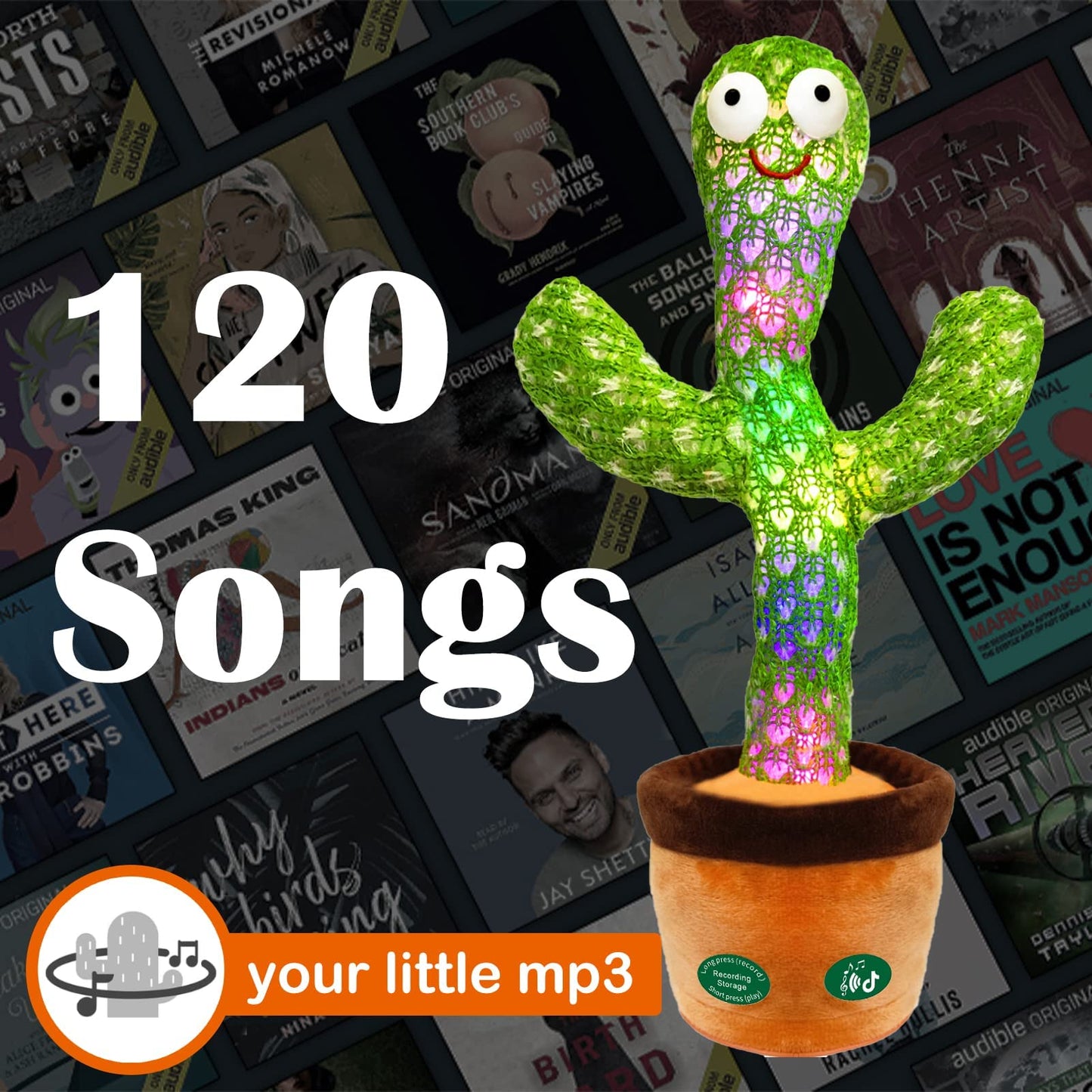 Pbooo Dancing Talking Cactus Mimicking Toy,Talking Repeat Singing Sunny Cactus Toy 120 Pcs Songs for Baby 15S Record Your Sound Sing+Dancing+Recording+LED