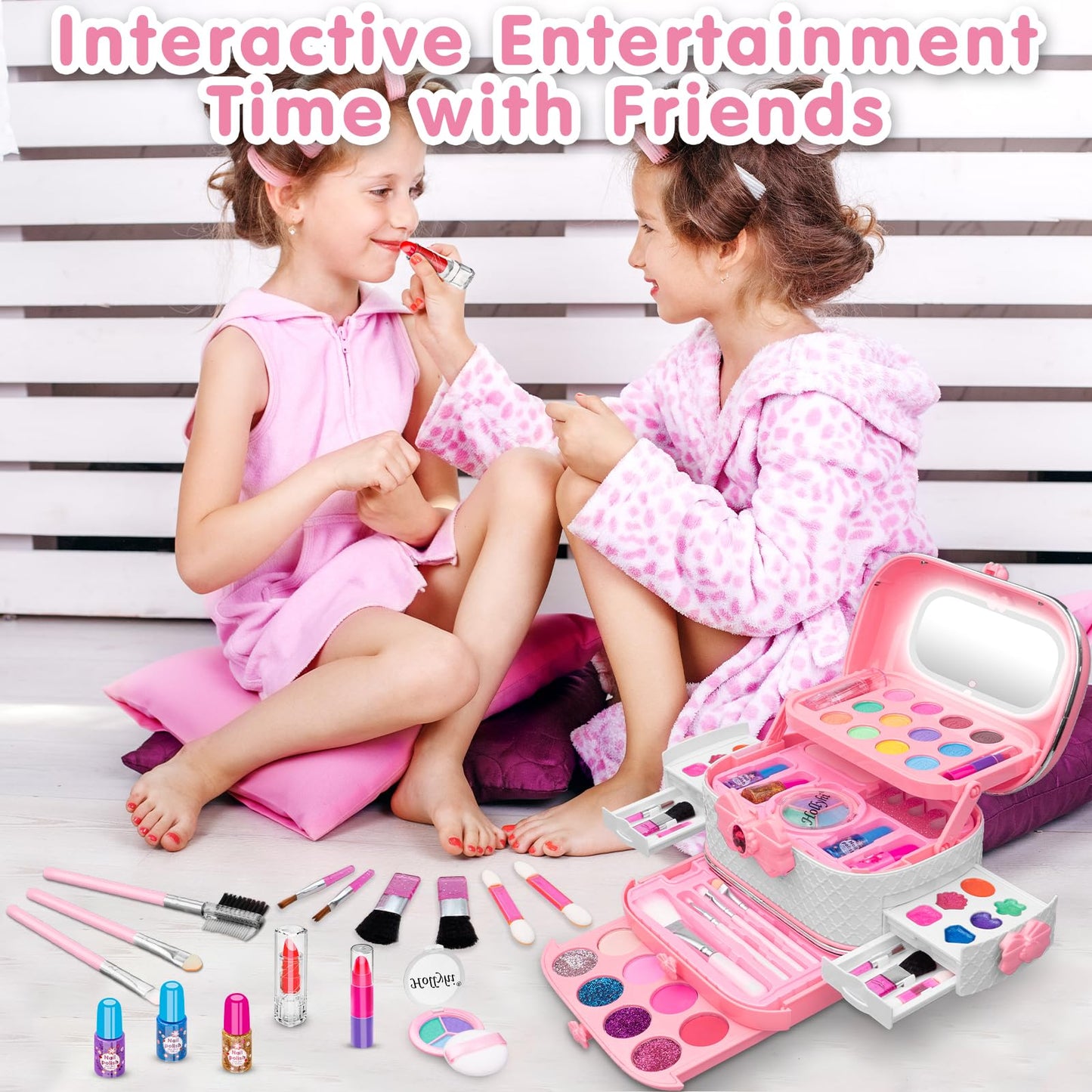 Hollyhi 58 Pcs Kids Makeup Kit for Girl, Princess Toys Real Washable Cosmetic Set with Mirror, Kids Makeup Sets for Girls, Play Make Up Birthday Gifts for 3 4 5 6 7 8 9 10 11 12 Years Old Kid (Rose)