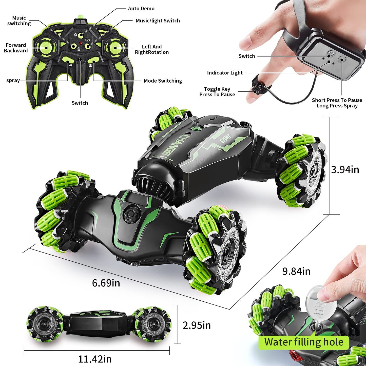 4WD Remote Control Gesture Sensor Car,Hand Controlled RC Stunt Car,Double-Sided Vehicle 360° Rotation with Light and Music Spray, Watch Toy Cars for Boys & Girls Birthday