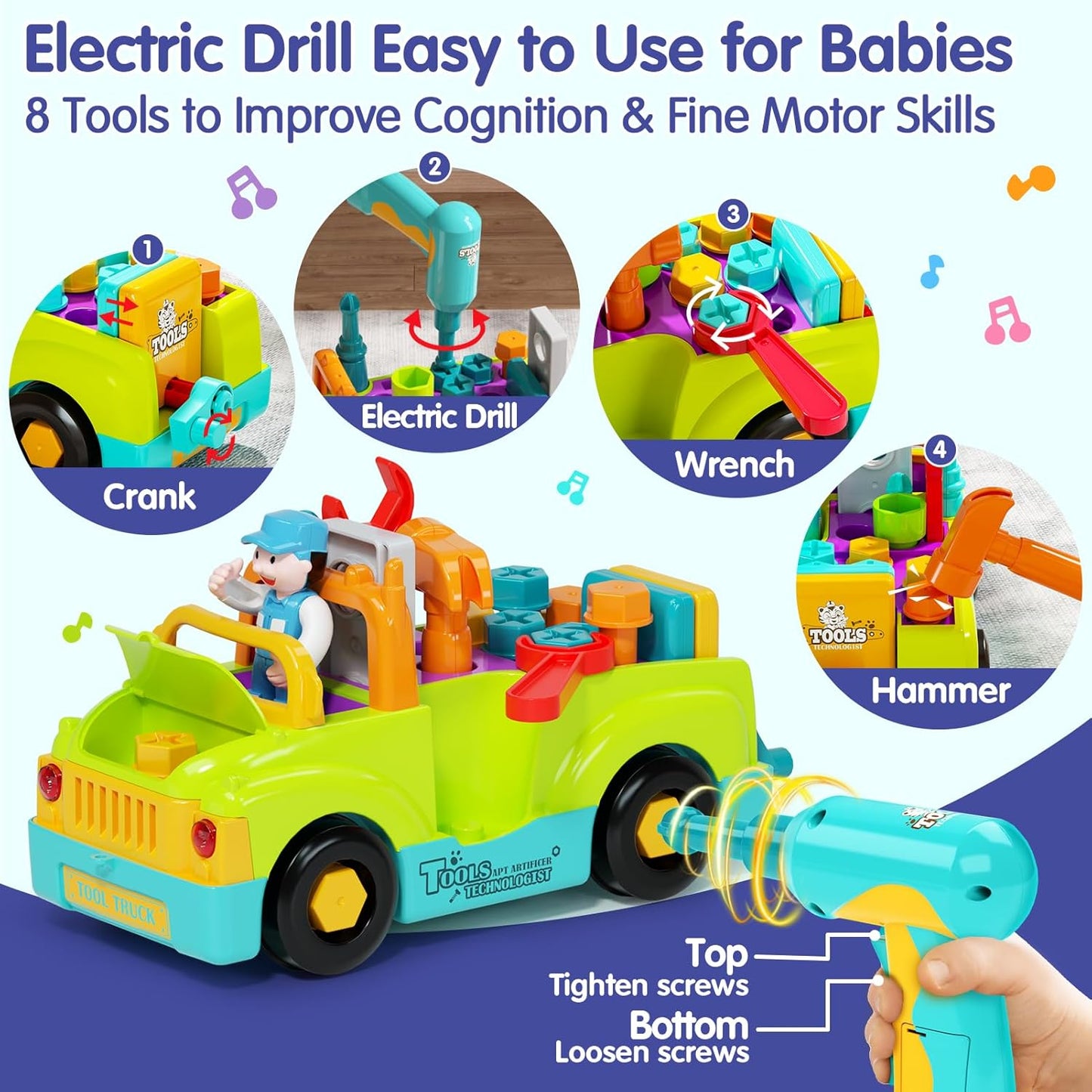 2 3 Year Old Boy Toys Birthday Gift, Toddler Toys 1-2-3 with Electric Drill, Toddler Tool Set, Learning Toys for Toddlers 1-3, Take Apart Toys for Ages 2-4 STEM Toys