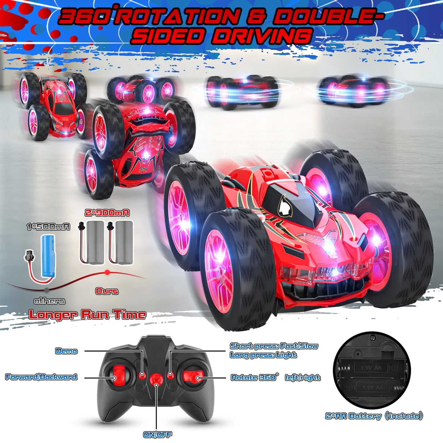 Remote Control Car for Kids, RC Stunt Cars Toys for Boys Ages 4-7 with Cool Double-Sided Pattern and LED Flash, 1:24 Vehicle Toy Car Hobby Racing Car Toys Gift for 3 4 5 6 7 8 9 Year Old Boys