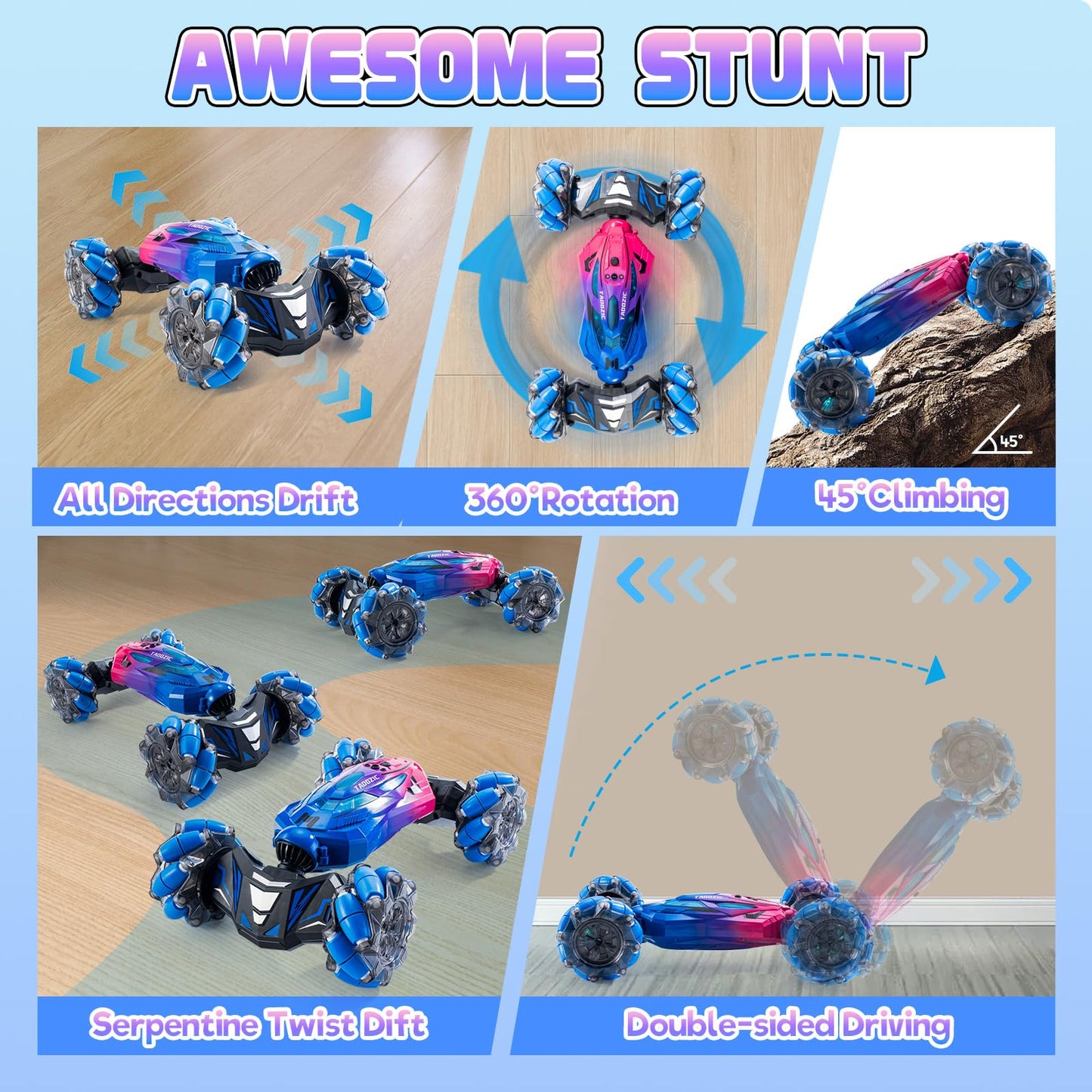 4WD Remote Control Gesture Sensor Car,Hand Controlled RC Stunt Car,Double-Sided Vehicle 360° Rotation with Light and Music Spray, Watch Toy Cars for Boys & Girls Birthday