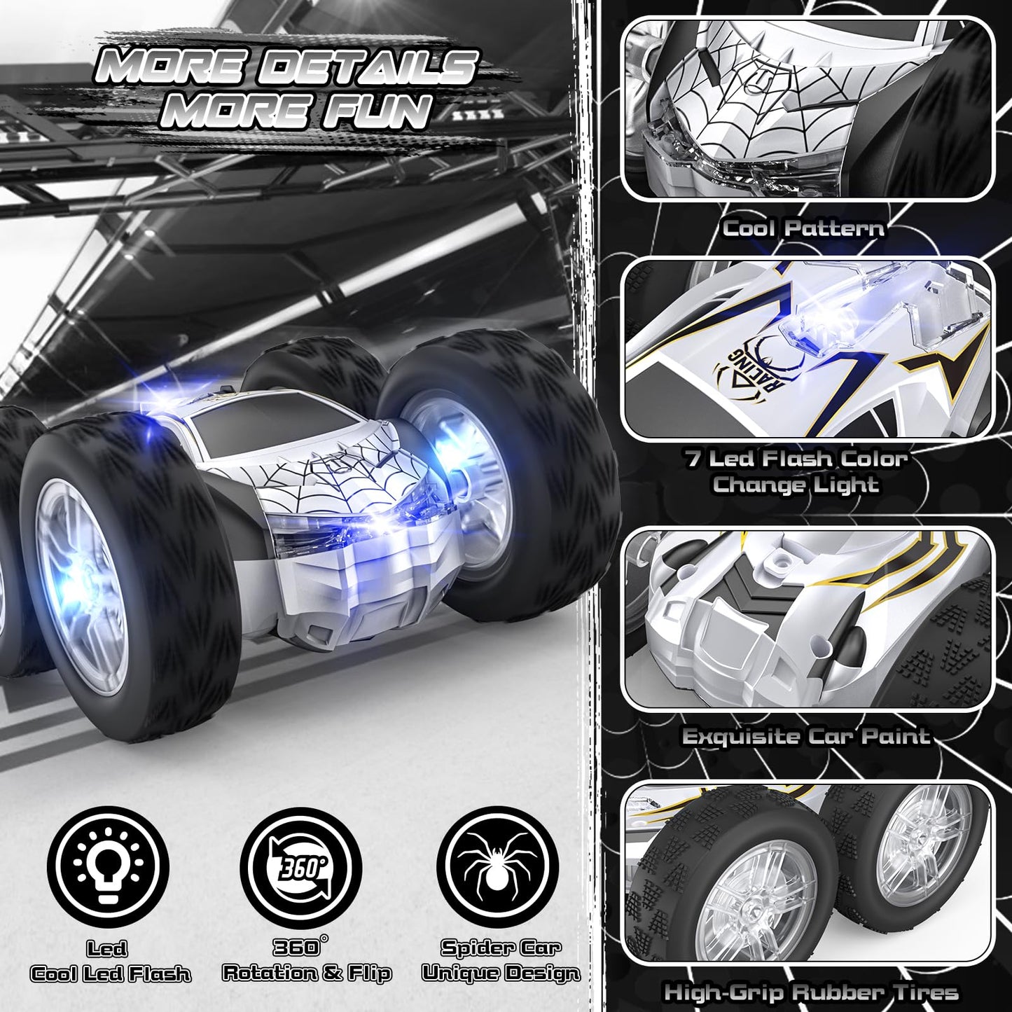 Remote Control Car for Kids, RC Stunt Cars Toys for Boys Ages 4-7 with Cool Double-Sided Pattern and LED Flash, 1:24 Vehicle Toy Car Hobby Racing Car Toys Gift for 3 4 5 6 7 8 9 Year Old Boys