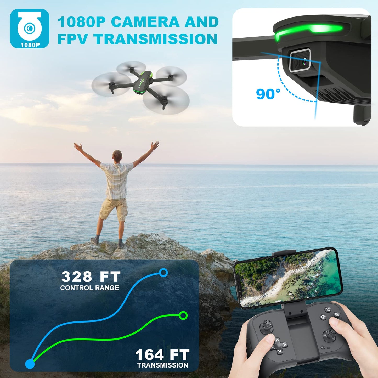 Drone with 1080P Camera for Beginners and Adults, Foldable Remote Control Quadcopter with Voice Control, Gestures Selfie, Altitude Hold, One Key Start, 3D Flips, 2 Batteries, Toy for Beginners