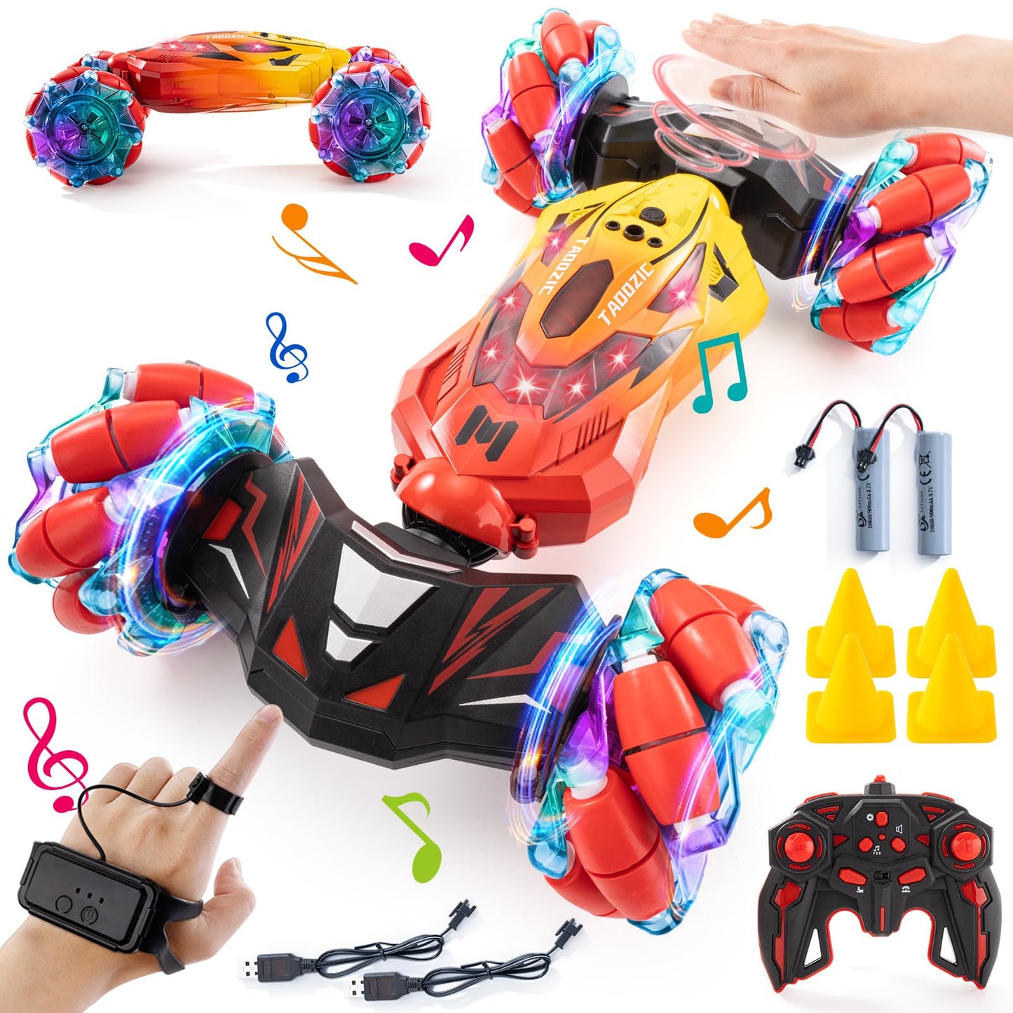 4WD Remote Control Gesture Sensor Car,Hand Controlled RC Stunt Car,Double-Sided Vehicle 360° Rotation with Light and Music Spray, Watch Toy Cars for Boys & Girls Birthday