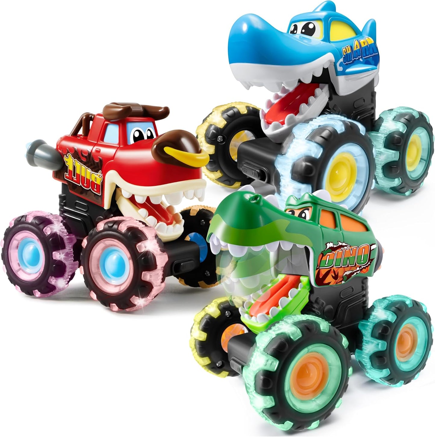 JOYIN 3 Pack Monster Truck Toy - Motion Activated Light-Up Cars for Toddlers - Monster Treads Lightning Wheels - Baby Toy Present - Press & Go Cars for Boys Girls Birthday Gifts Easter Basket Stuffer