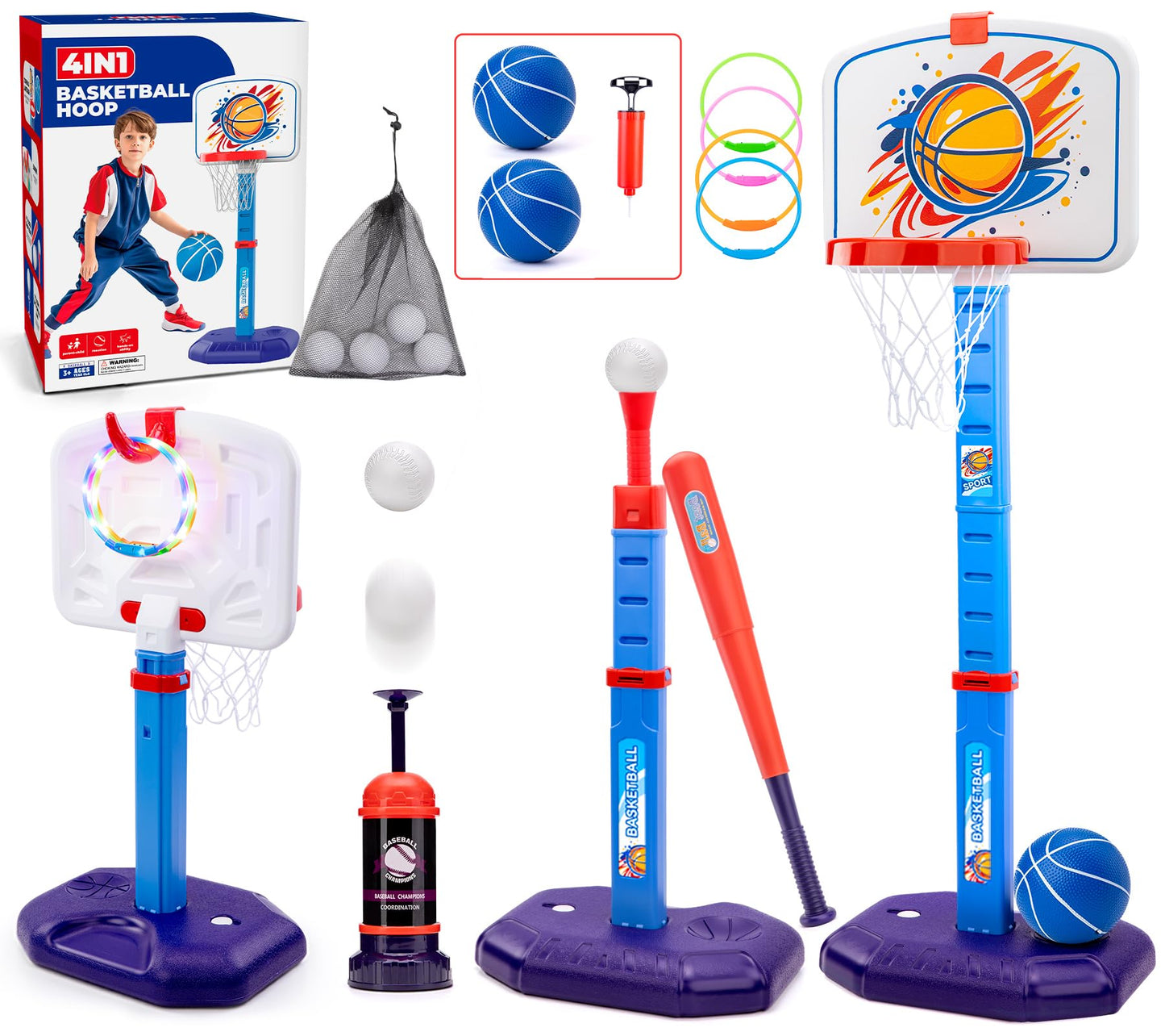 Meland Kids Basketball Hoop, Adjustable Height 3.4ft-6.2ft Toddler Basketball Hoop for Kids Basketball Goal Indoor Outdoor Toys Outside Toys for Boys 3-8