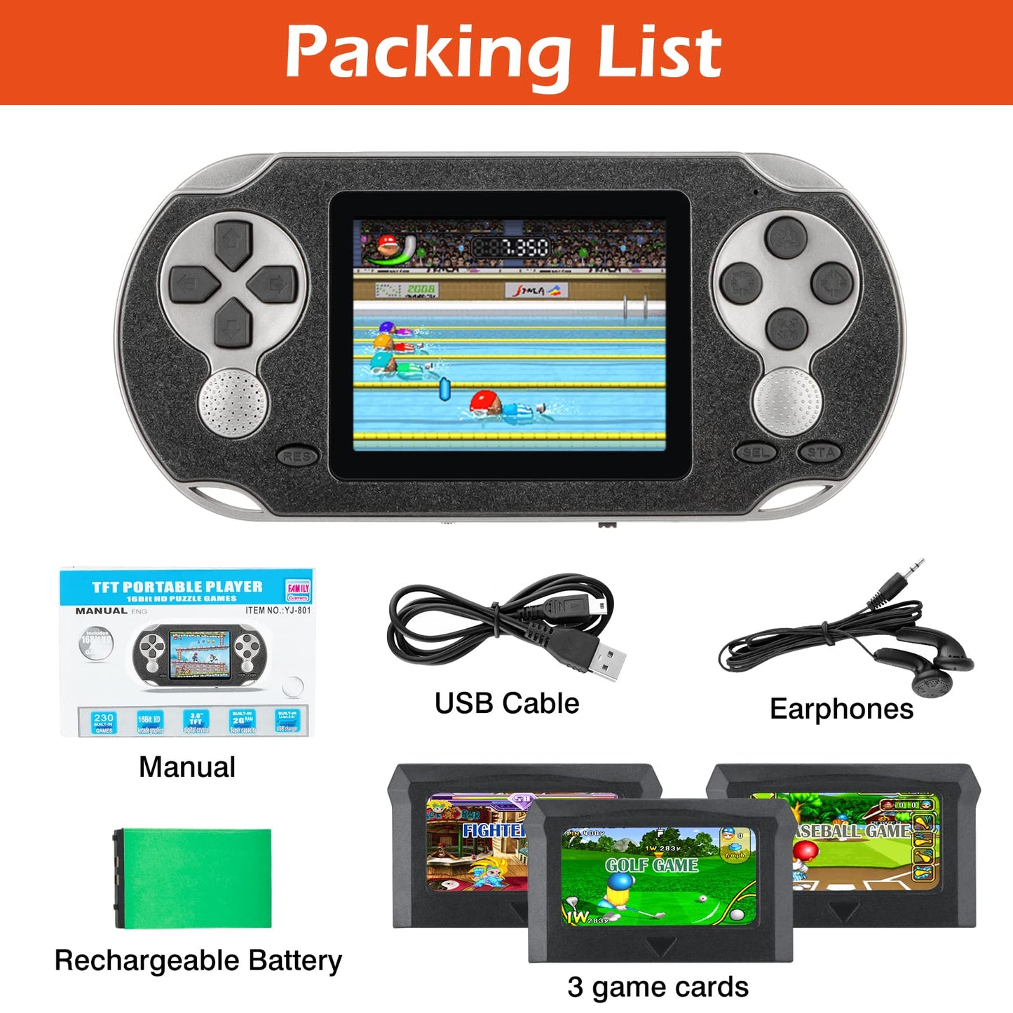 16 Bit Handheld Game for Kids Adults, 3.0'' Large Screen Preloaded 230 HD Classic Retro Video Games with USB Rechargeable Battery & 3 Game Cartridges for Birthday Gift for Kids 4-12 (Blue)