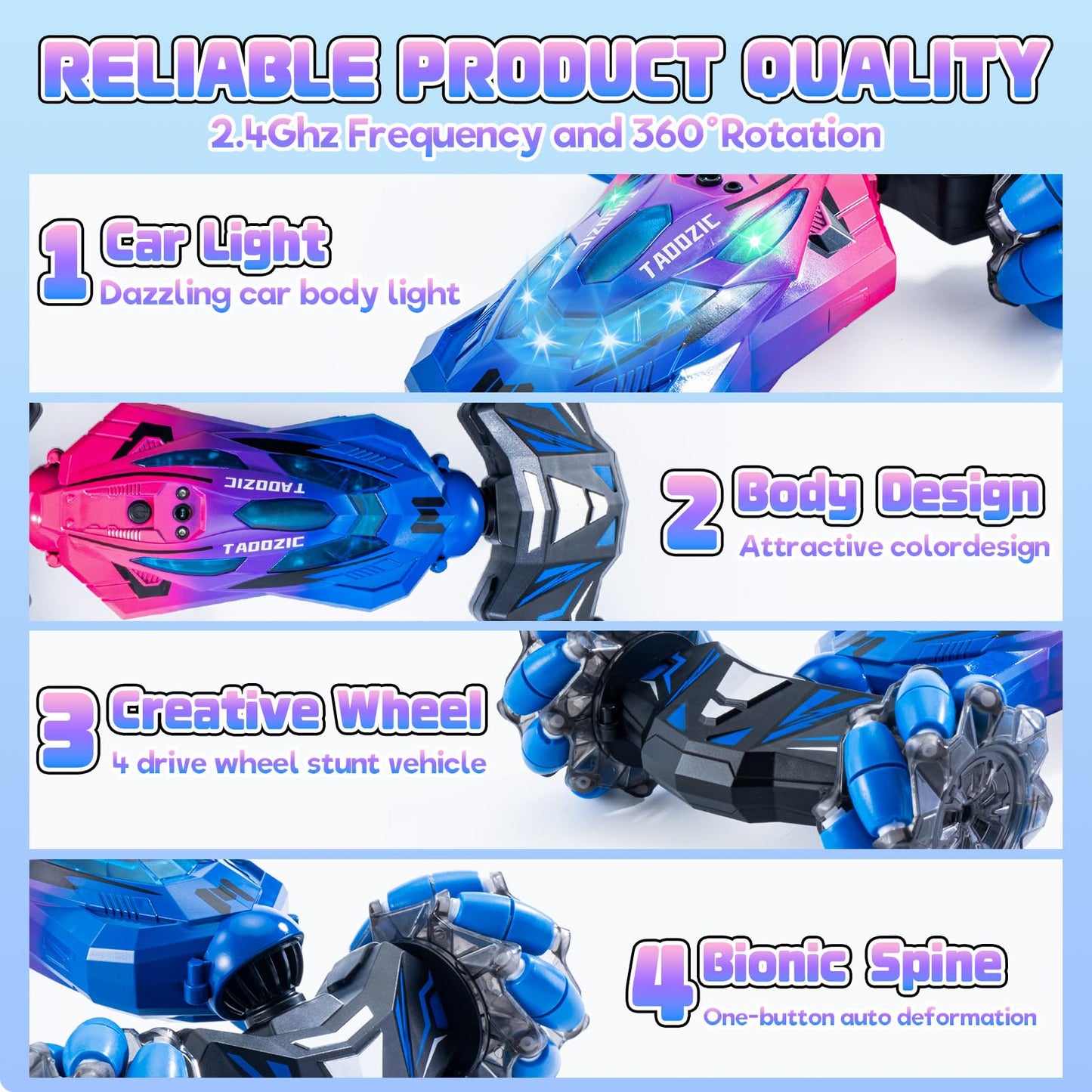 4WD Remote Control Gesture Sensor Car,Hand Controlled RC Stunt Car,Double-Sided Vehicle 360° Rotation with Light and Music Spray, Watch Toy Cars for Boys & Girls Birthday