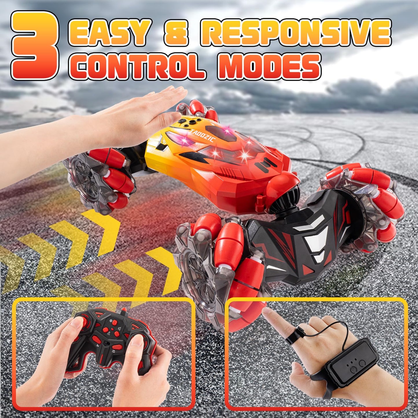 4WD Remote Control Gesture Sensor Car,Hand Controlled RC Stunt Car,Double-Sided Vehicle 360° Rotation with Light and Music Spray, Watch Toy Cars for Boys & Girls Birthday