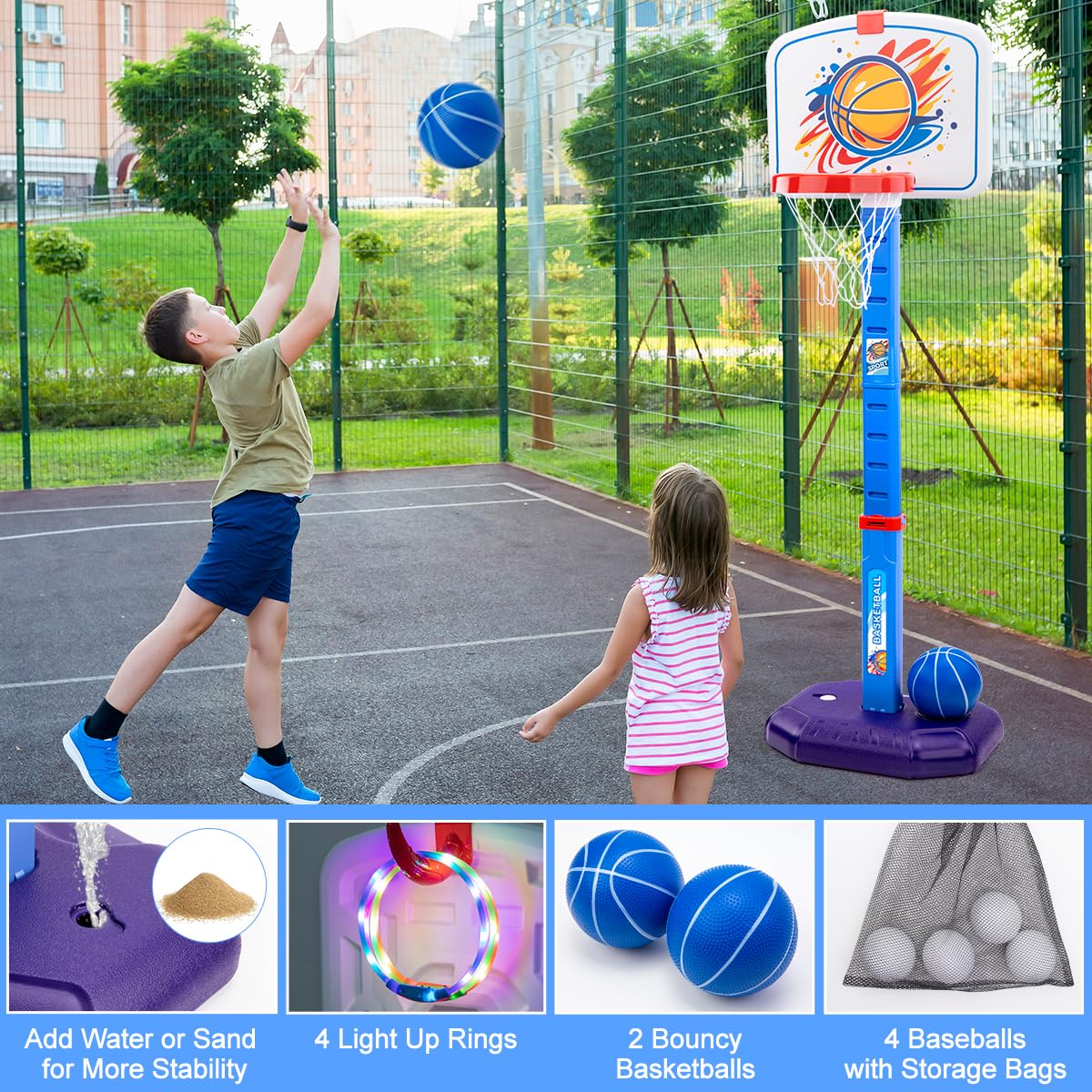 Meland Kids Basketball Hoop, Adjustable Height 3.4ft-6.2ft Toddler Basketball Hoop for Kids Basketball Goal Indoor Outdoor Toys Outside Toys for Boys 3-8