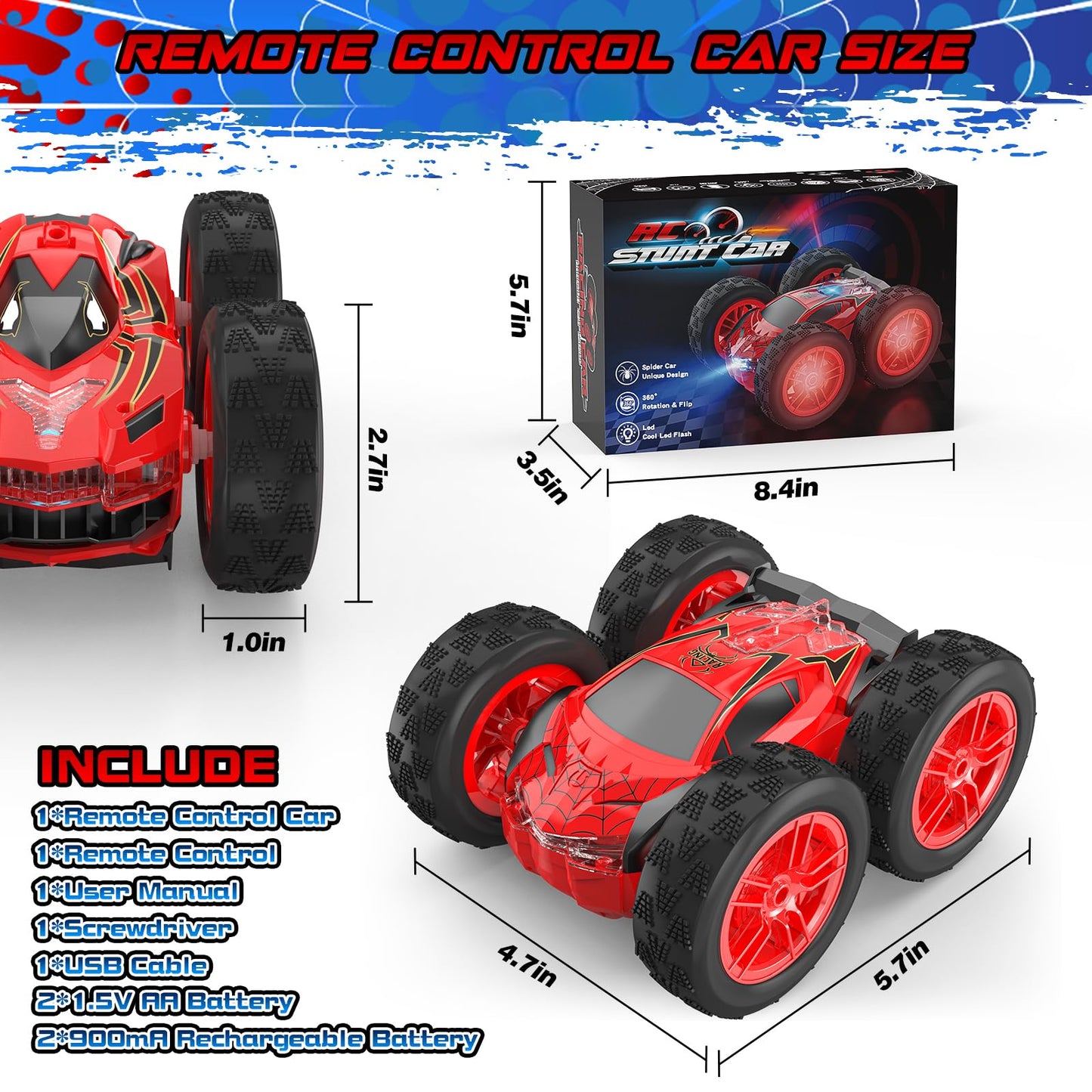 Remote Control Car for Kids, RC Stunt Cars Toys for Boys Ages 4-7 with Cool Double-Sided Pattern and LED Flash, 1:24 Vehicle Toy Car Hobby Racing Car Toys Gift for 3 4 5 6 7 8 9 Year Old Boys