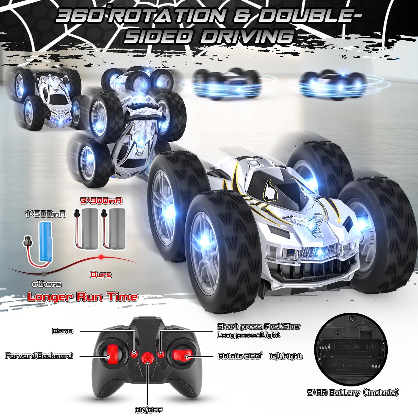 Remote Control Car for Kids, RC Stunt Cars Toys for Boys Ages 4-7 with Cool Double-Sided Pattern and LED Flash, 1:24 Vehicle Toy Car Hobby Racing Car Toys Gift for 3 4 5 6 7 8 9 Year Old Boys