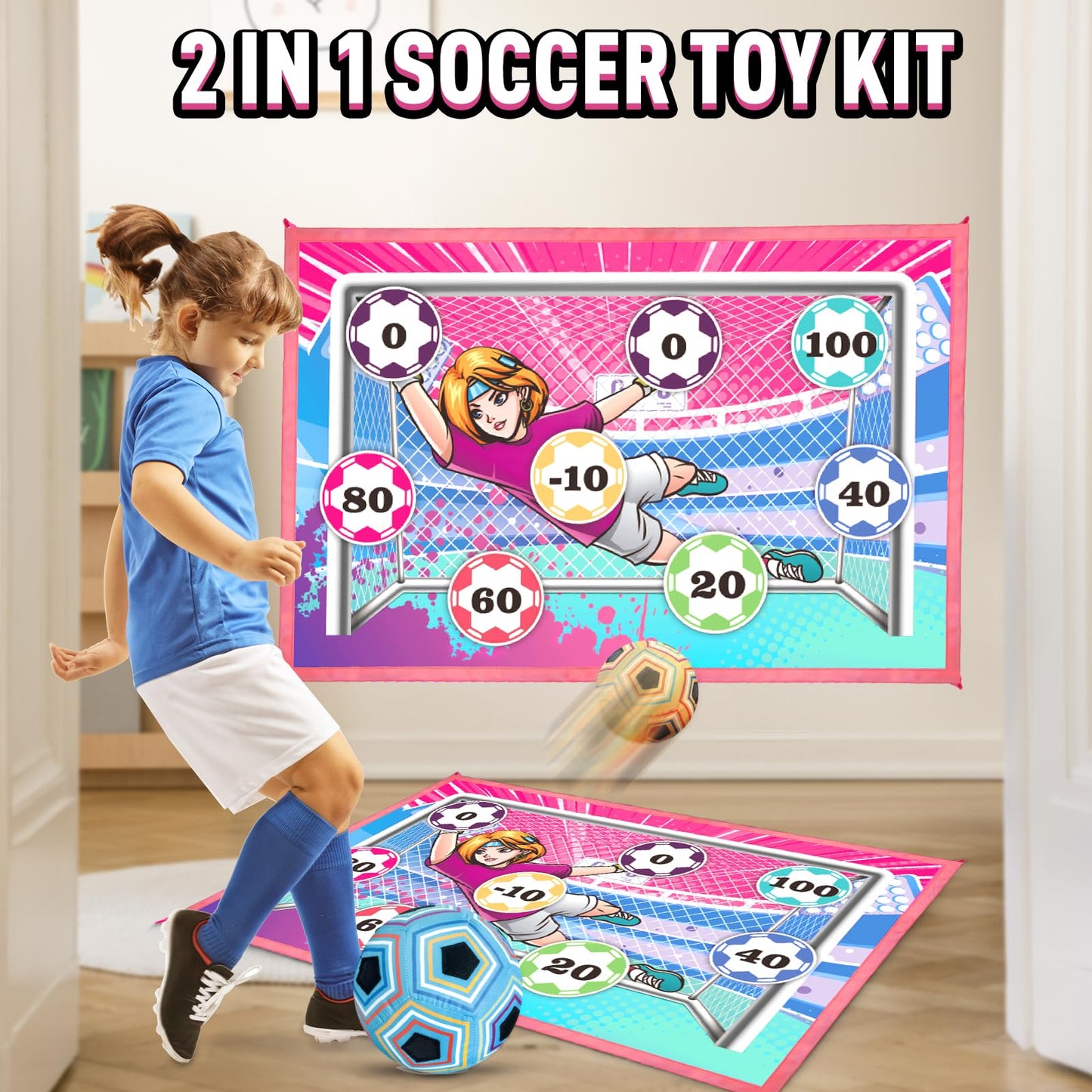 VATOS Toy Soccer Ball Game Set for Boys and Girls, Indoor Outdoor Backyard Toss Soccer Goal Game with 2 Balls, 1 Flannel Target, Soccer Toys for 3-5 6-8 8-12 Years Old Kids Birthday