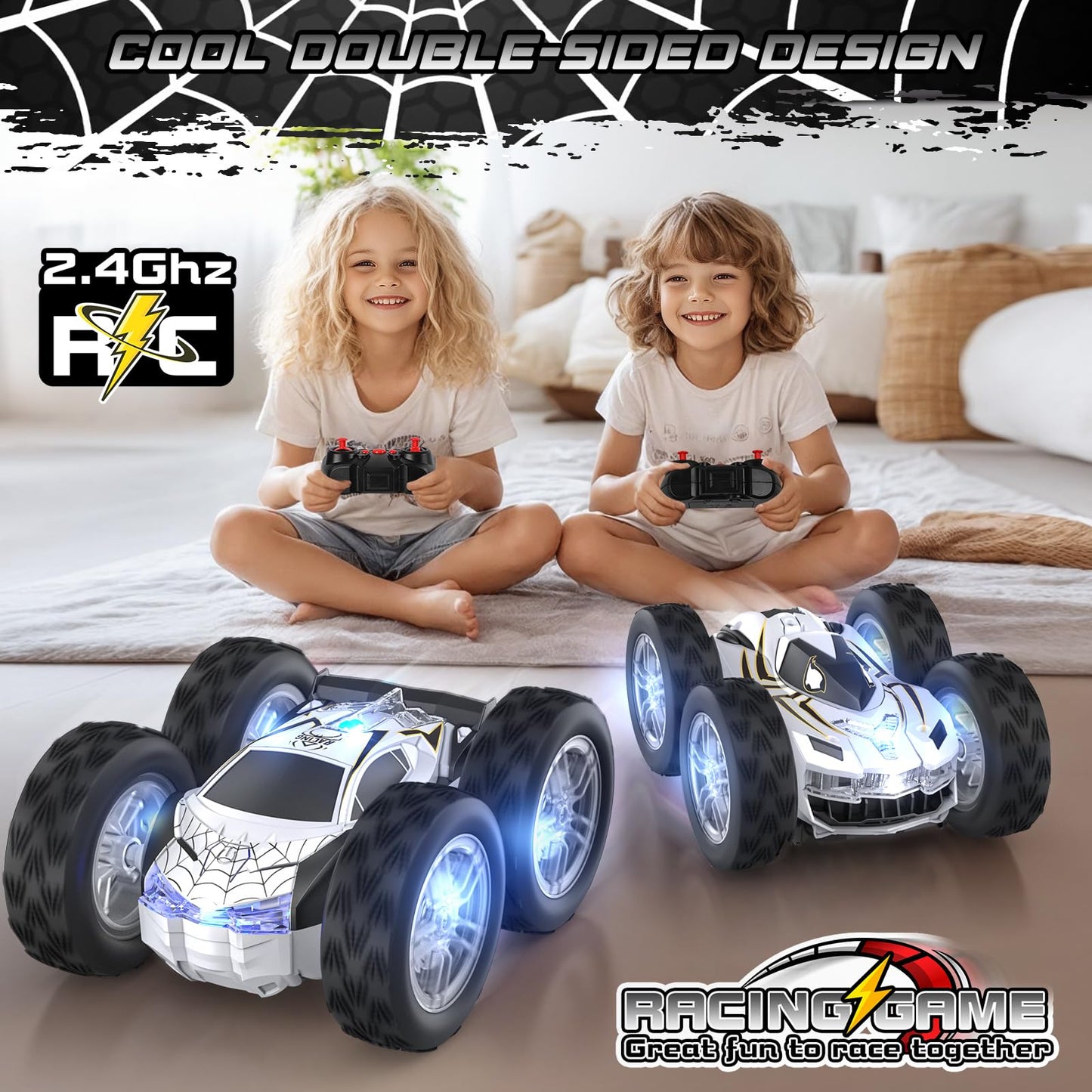 Remote Control Car for Kids, RC Stunt Cars Toys for Boys Ages 4-7 with Cool Double-Sided Pattern and LED Flash, 1:24 Vehicle Toy Car Hobby Racing Car Toys Gift for 3 4 5 6 7 8 9 Year Old Boys
