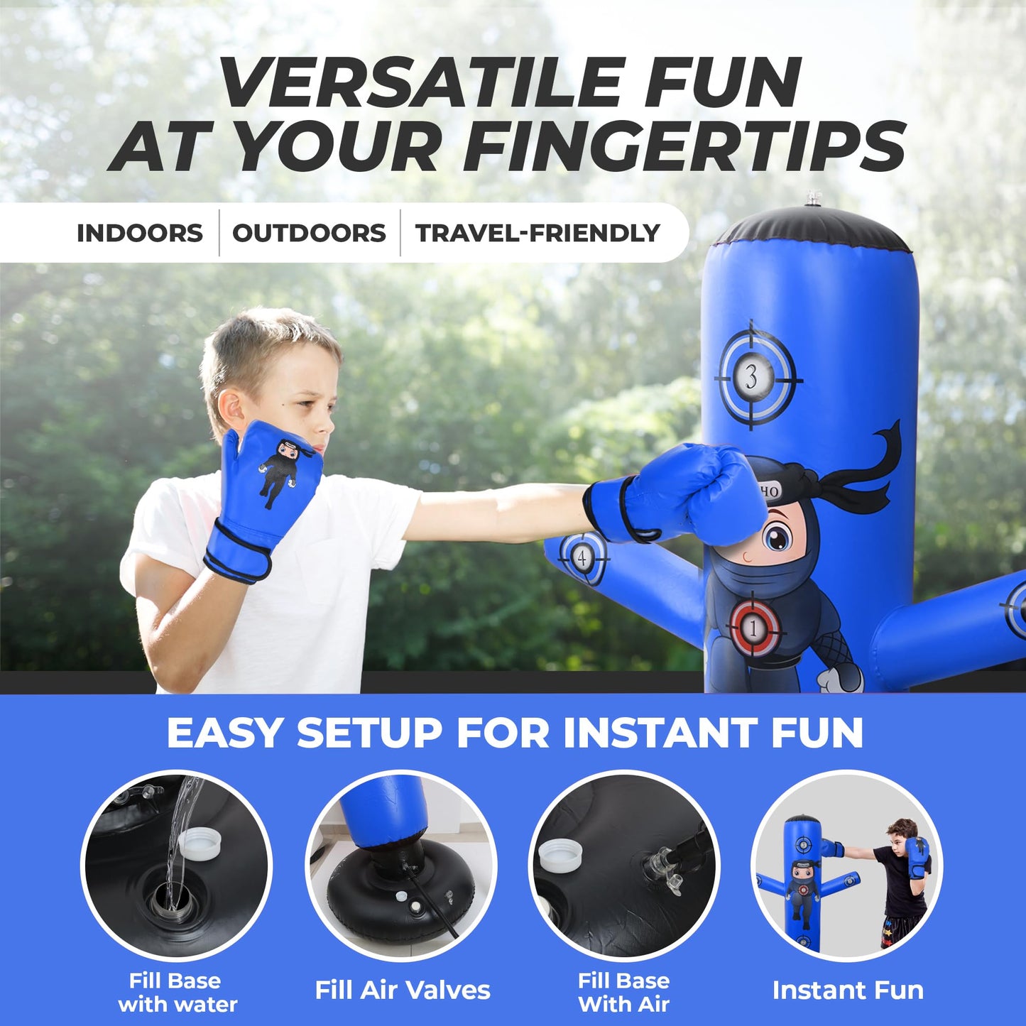 PUNCHO Inflatable Punching Bag for Kids - 63" Boxing Ninja Punching Bag Toy Set for Kids - Karate Gifts for Boys and Girls Age 3-12 - Durable Boxing Equipment for Kidz with Boxing Gloves, Pump, eBook