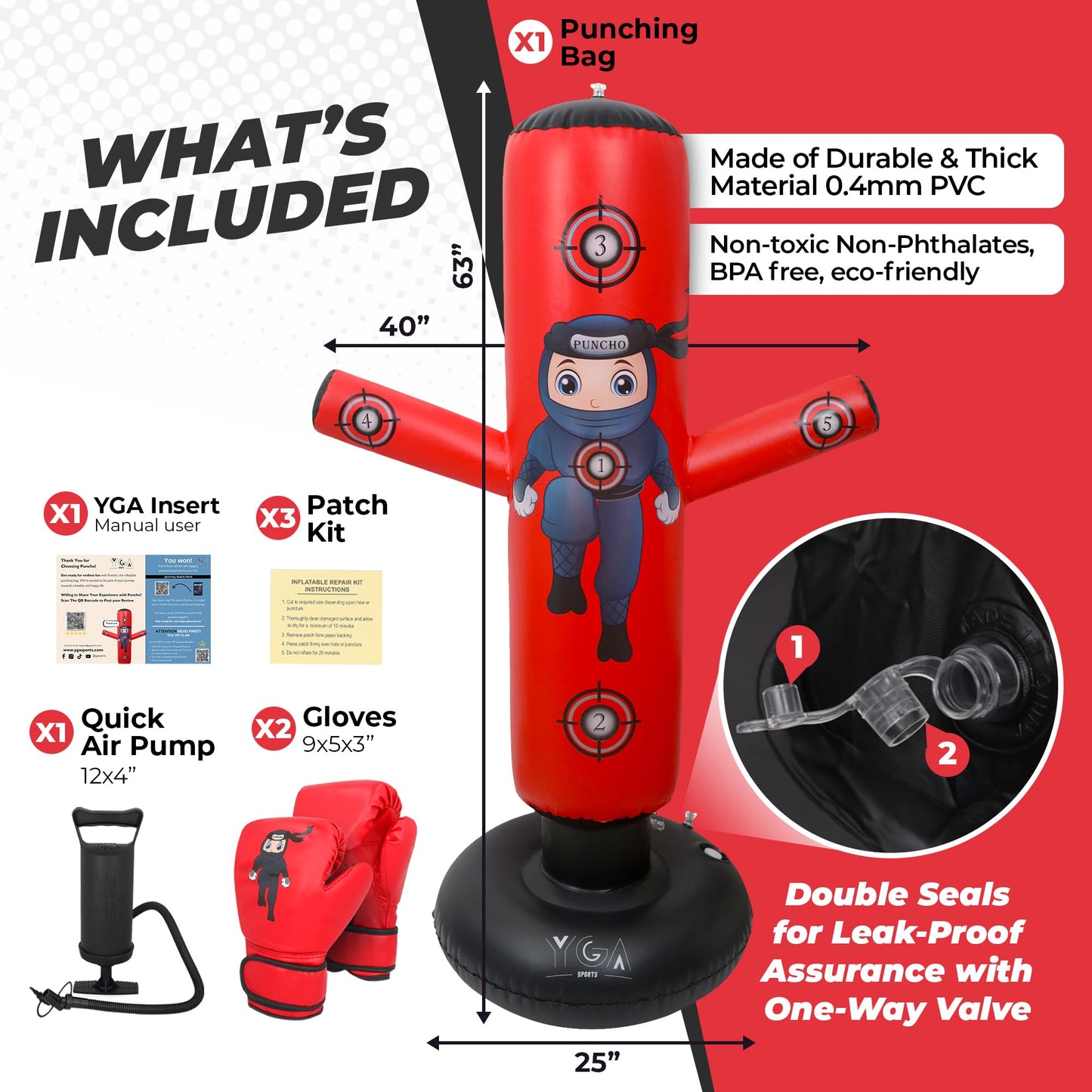 PUNCHO Inflatable Punching Bag for Kids - 63" Boxing Ninja Punching Bag Toy Set for Kids - Karate Gifts for Boys and Girls Age 3-12 - Durable Boxing Equipment for Kidz with Boxing Gloves, Pump, eBook
