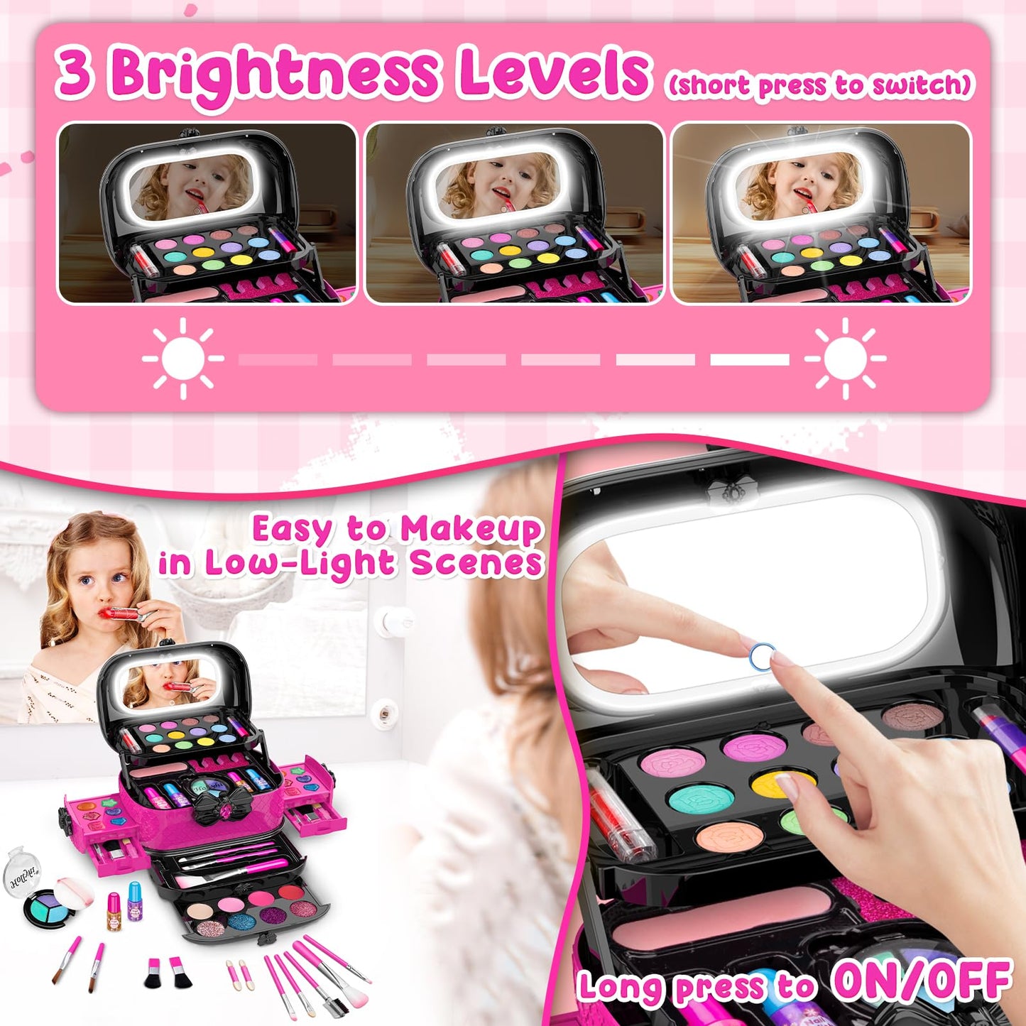 Hollyhi 58 Pcs Kids Makeup Kit for Girl, Princess Toys Real Washable Cosmetic Set with Mirror, Kids Makeup Sets for Girls, Play Make Up Birthday Gifts for 3 4 5 6 7 8 9 10 11 12 Years Old Kid (Rose)