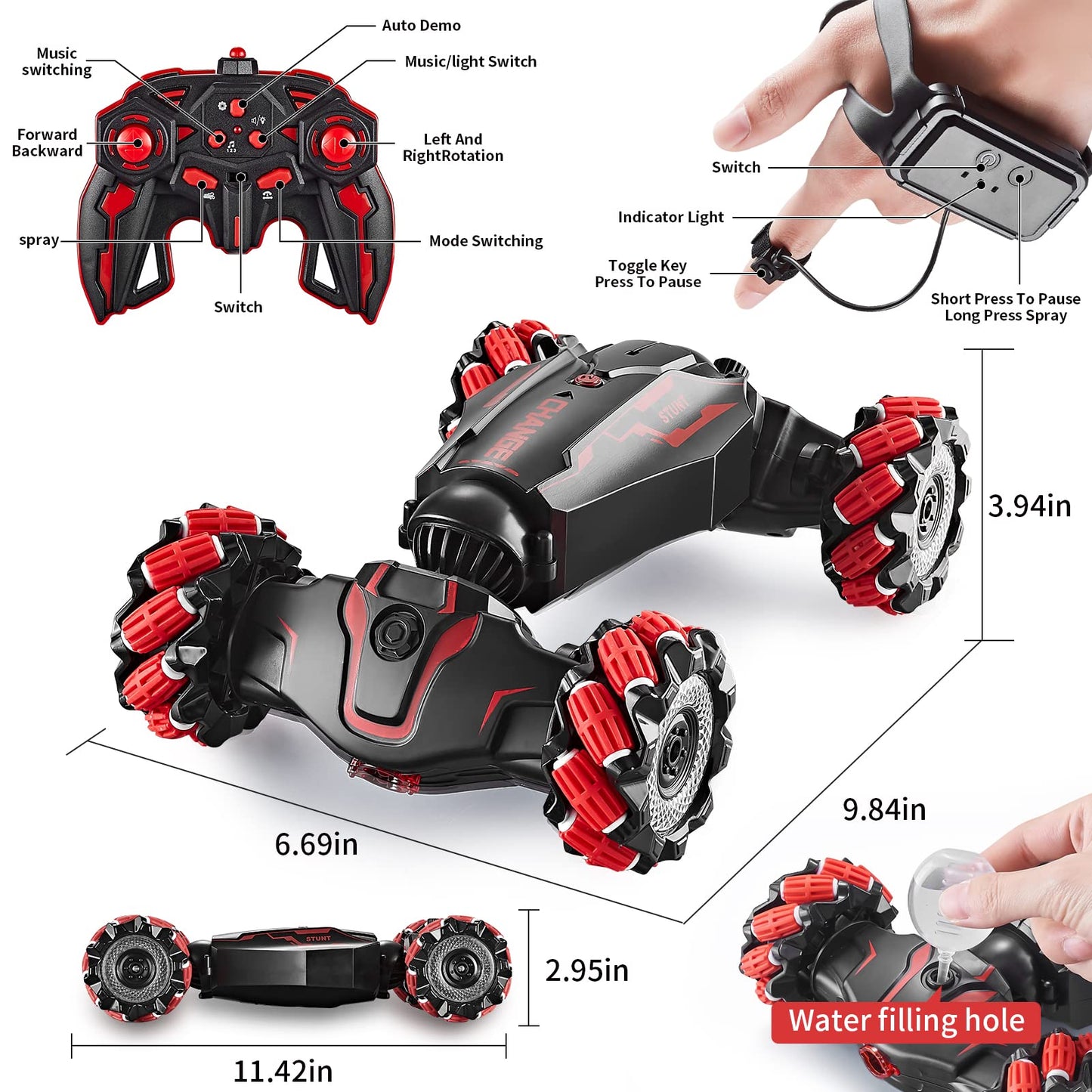 4WD Remote Control Gesture Sensor Car,Hand Controlled RC Stunt Car,Double-Sided Vehicle 360° Rotation with Light and Music Spray, Watch Toy Cars for Boys & Girls Birthday